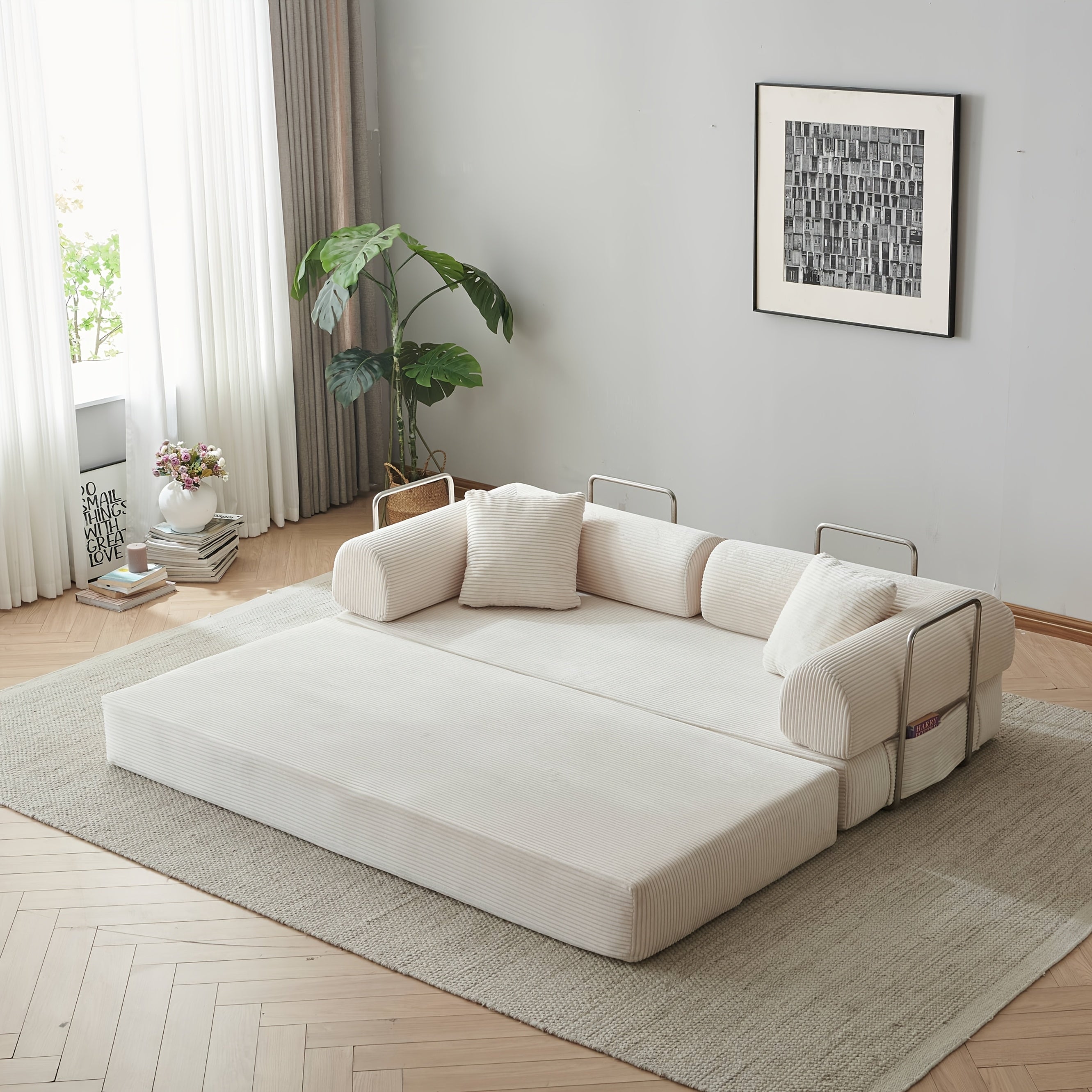 Lazy Corduroy Convertible Floor Sofa Bed | Pillow Back Armrest Futon Lounge