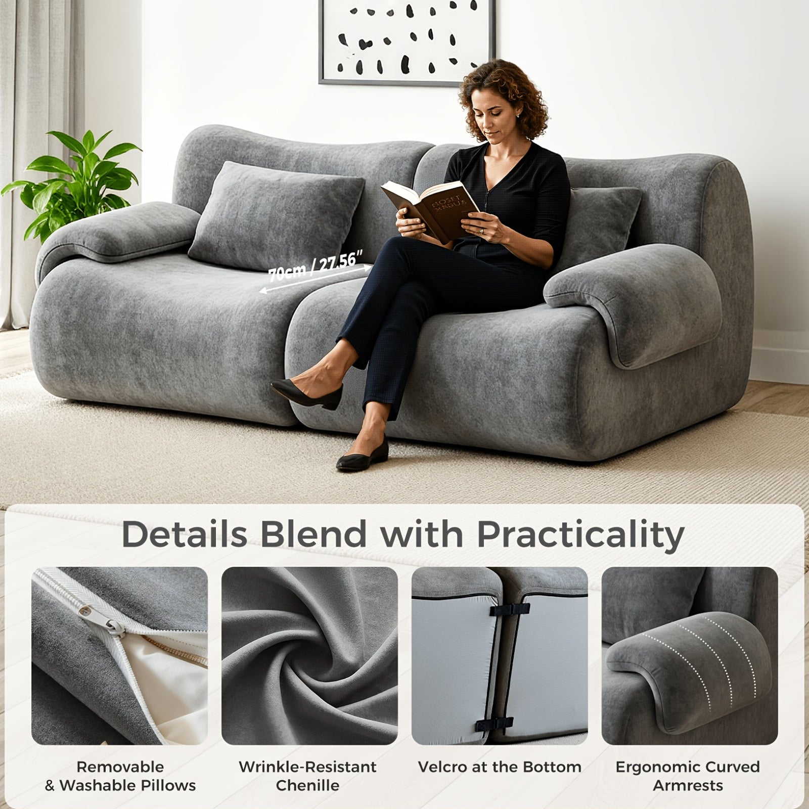 Boneless Cloud Couch, Modular Sectional Sofa with Throw Pillows, Deep Seat Sectional Sofa 2 Seater for Living Room, 35D High-Density Foam, No Spring & No Assembly Required, Chenille