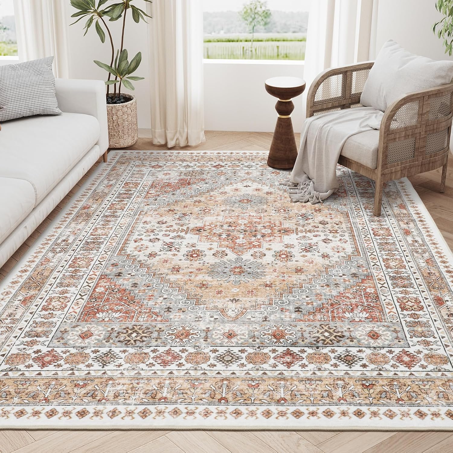 Area Rugs, Washable Rug, Ultra-Thin Rugs For Living Room, Collapsible Non-Slip Vintage Rugs, Bedroom, Non-Slip Backing Home Decor Large Area Rug (Orange)