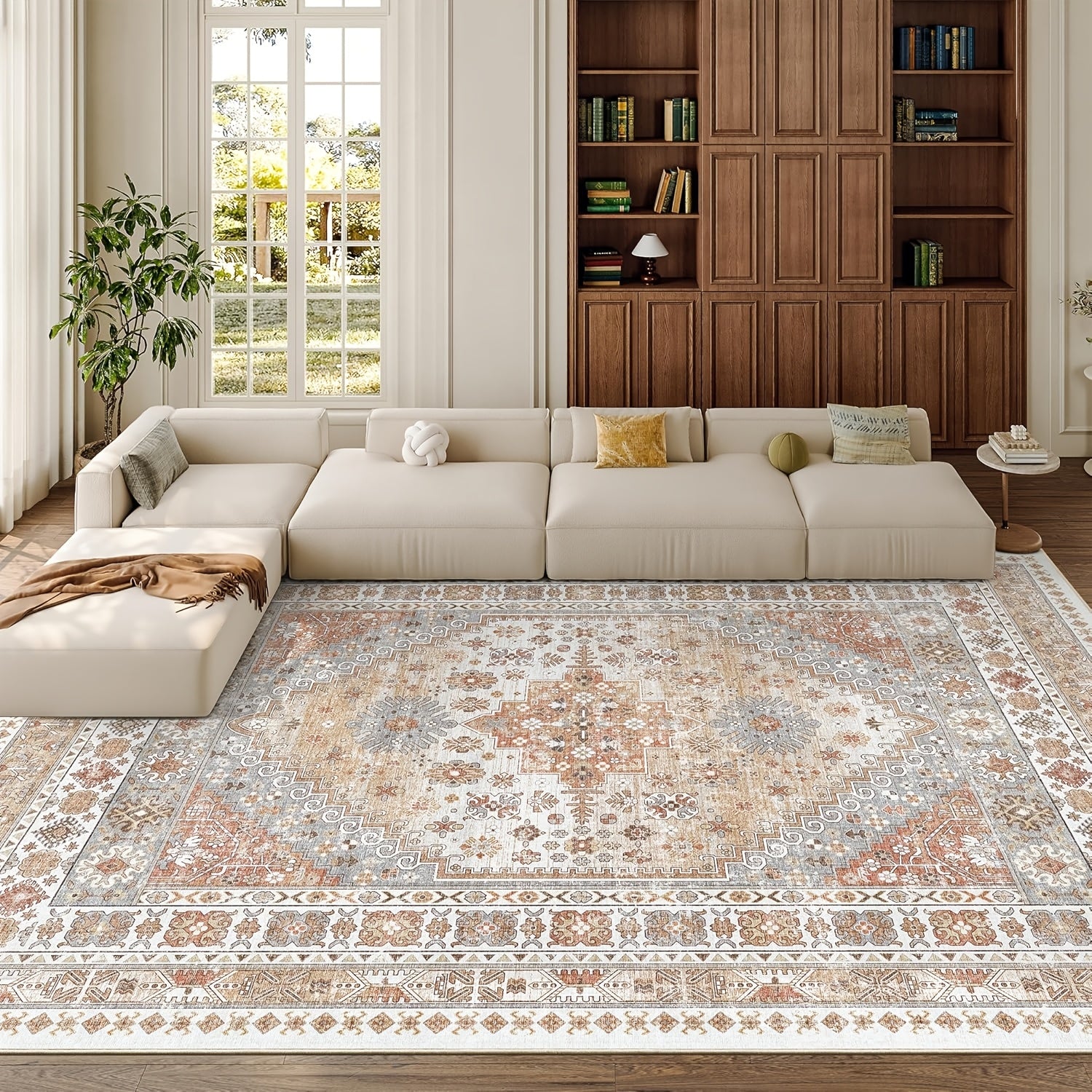 Area Rugs, Washable Rug, Ultra-Thin Rugs For Living Room, Collapsible Non-Slip Vintage Rugs, Bedroom, Non-Slip Backing Home Decor Large Area Rug (Orange)