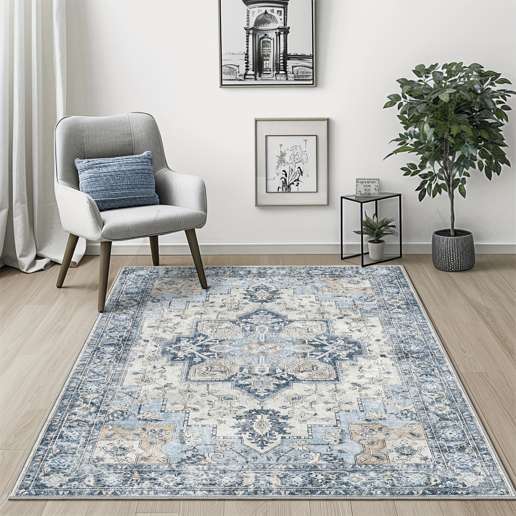 Living Room Area Carpets, Washable in Machines, Vintage-Style Non-Slip Rugs, Lightweight Low-Pile Chenille Printed Rugs Suitable for Bedrooms, Dining Areas, Home Offices, And Bathrooms, in Blue