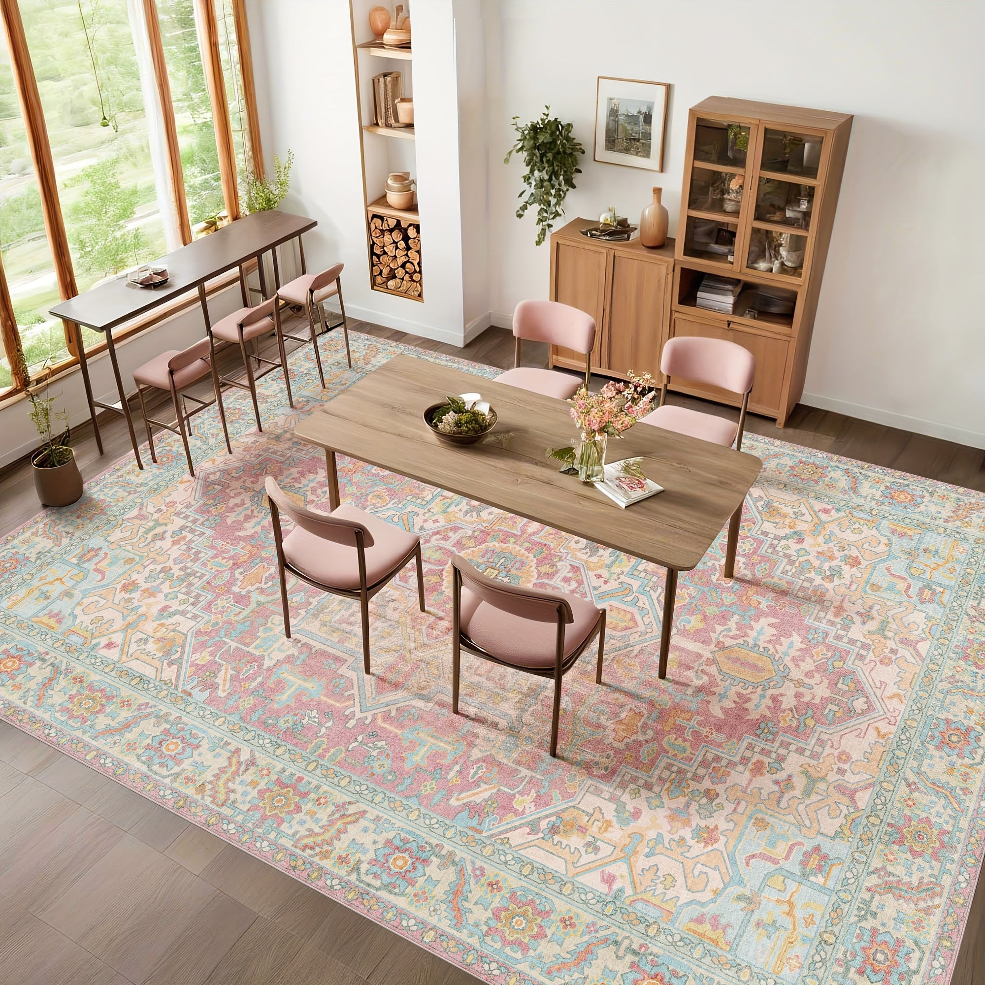 1pc Machine Washable Non-Slip Oriental Retro Rug - Low Pile Lightweight Printed Light-Colored Area Rugs for Living Room, Bedroom, Dining Room, Home Office Room Decor - Pink Blush