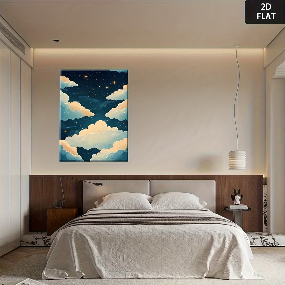 2D Flat, Night Sky Stars & Clouds - Minimalist Modern Wrapped Frame, HD Fade-Resistant Suitable for, Bedroom, Office Decor - Calming Night Cloud Illustration in Retro Styles, 2D Flat