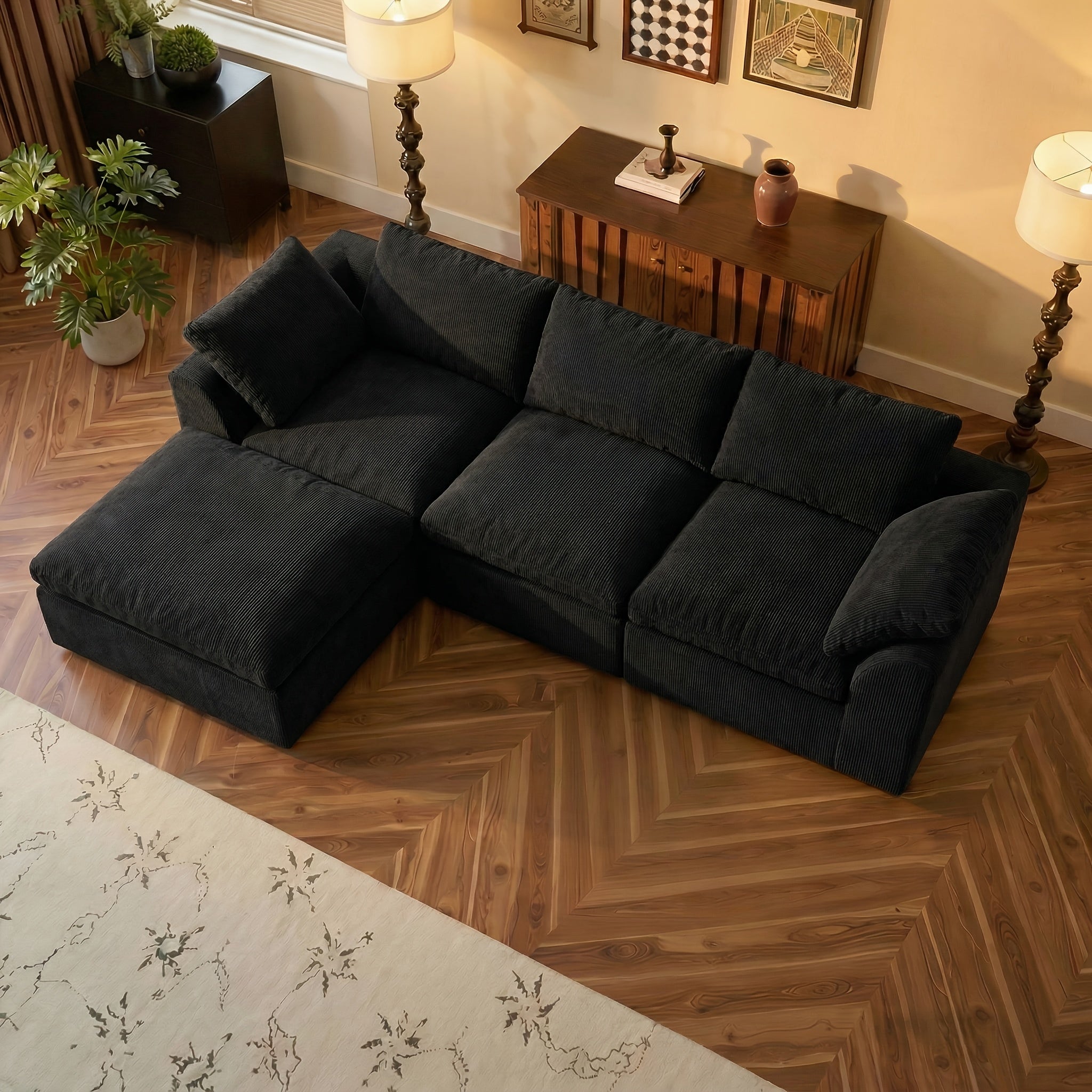 Boneless Couches For Living Room, Modular L Shaped Cloud Sofa With Deep Seat, Convertible L-Shape Couch With Ottoman, Memory Foam Compressed Sofa For Bedroom Apartment