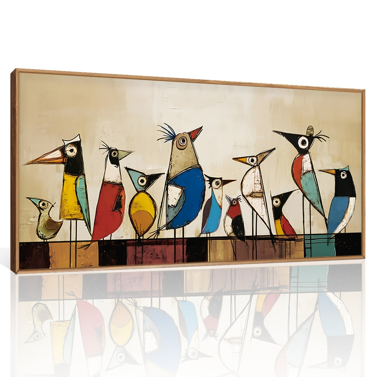 2D Flat, 2D Flat, Canvas Wall Art Featuring Large Abstract Birds, Framed Decor with Artistic Birds on a Wire, Mid-Century Modern Style. A Vibrant Painting of Birds Perfect for Home Decoration in Bedrooms, Living Rooms, Offices