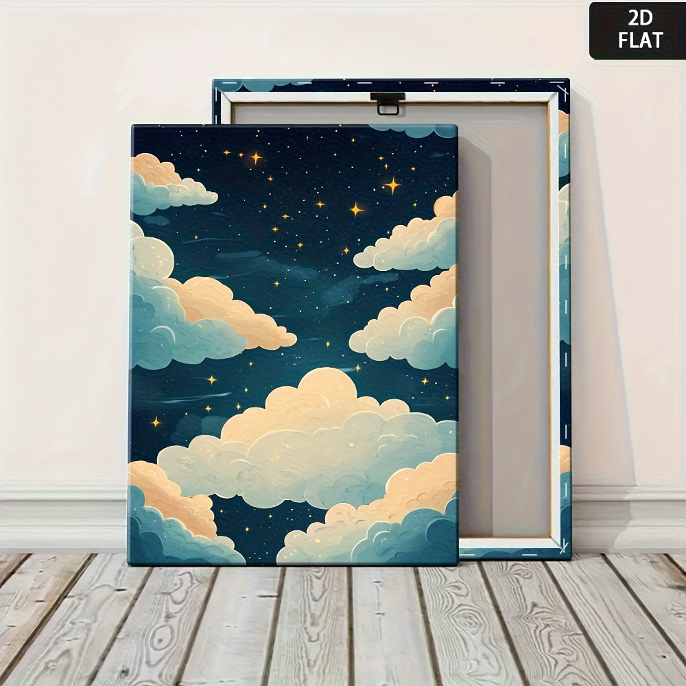 2D Flat, Night Sky Stars & Clouds - Minimalist Modern Wrapped Frame, HD Fade-Resistant Suitable for, Bedroom, Office Decor - Calming Night Cloud Illustration in Retro Styles, 2D Flat
