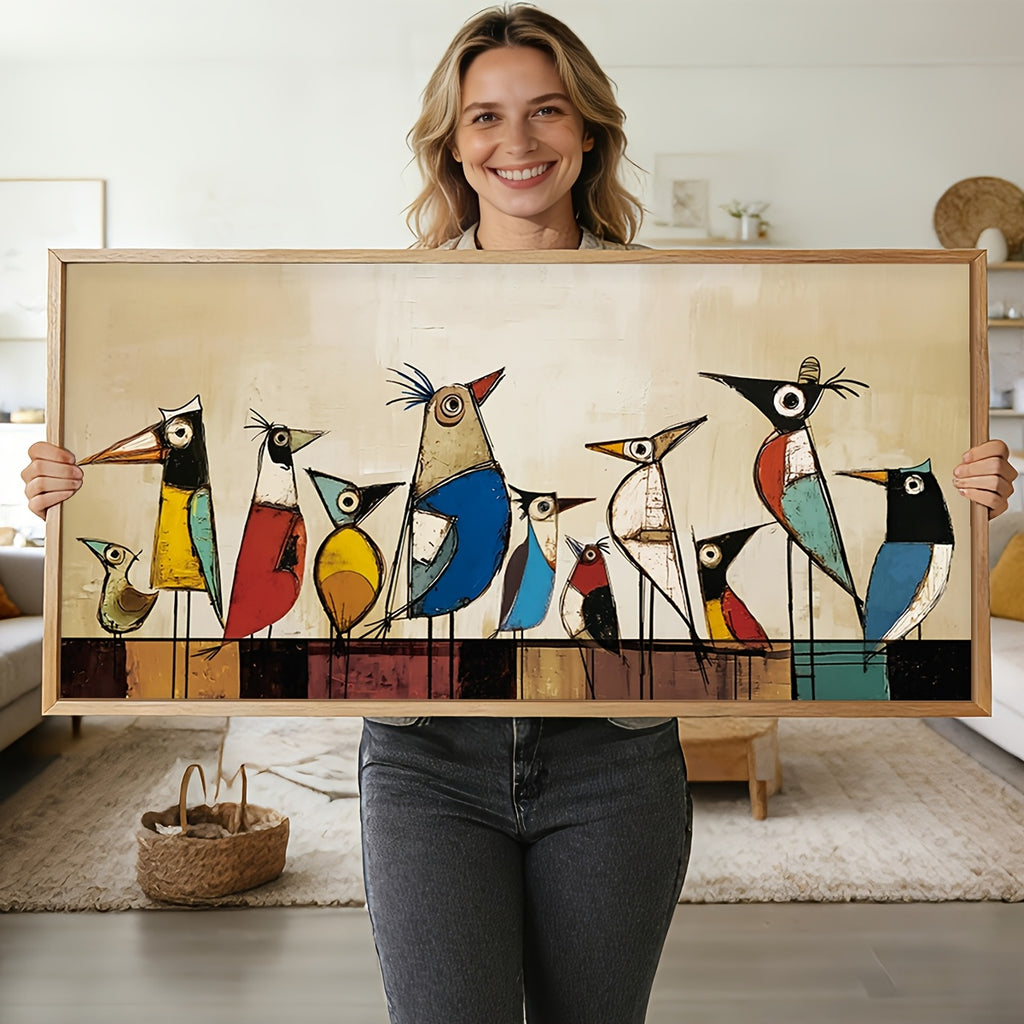 2D Flat, 2D Flat, Canvas Wall Art Featuring Large Abstract Birds, Framed Decor with Artistic Birds on a Wire, Mid-Century Modern Style. A Vibrant Painting of Birds Perfect for Home Decoration in Bedrooms, Living Rooms, Offices