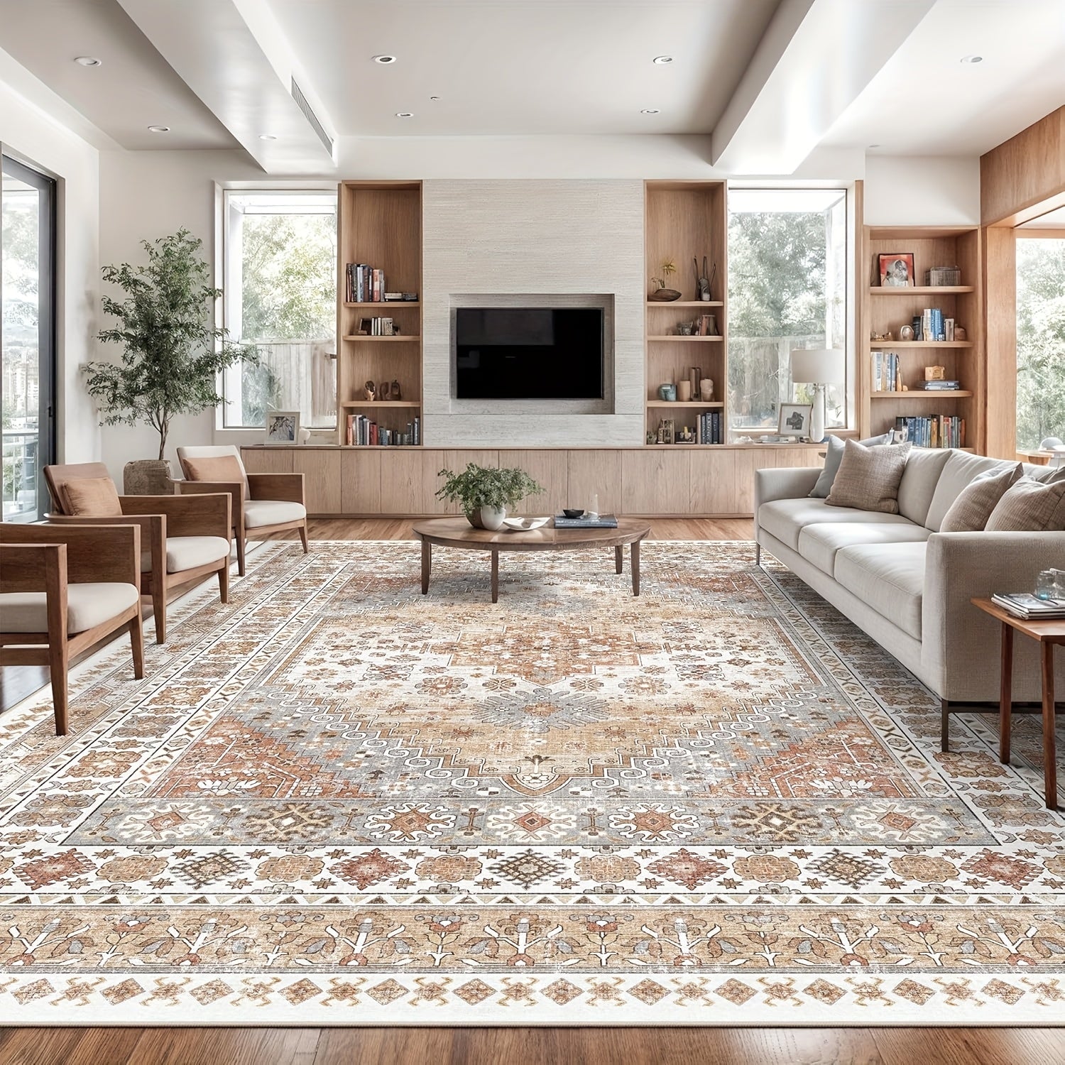 Area Rugs, Washable Rug, Ultra-Thin Rugs For Living Room, Collapsible Non-Slip Vintage Rugs, Bedroom, Non-Slip Backing Home Decor Large Area Rug (Orange)