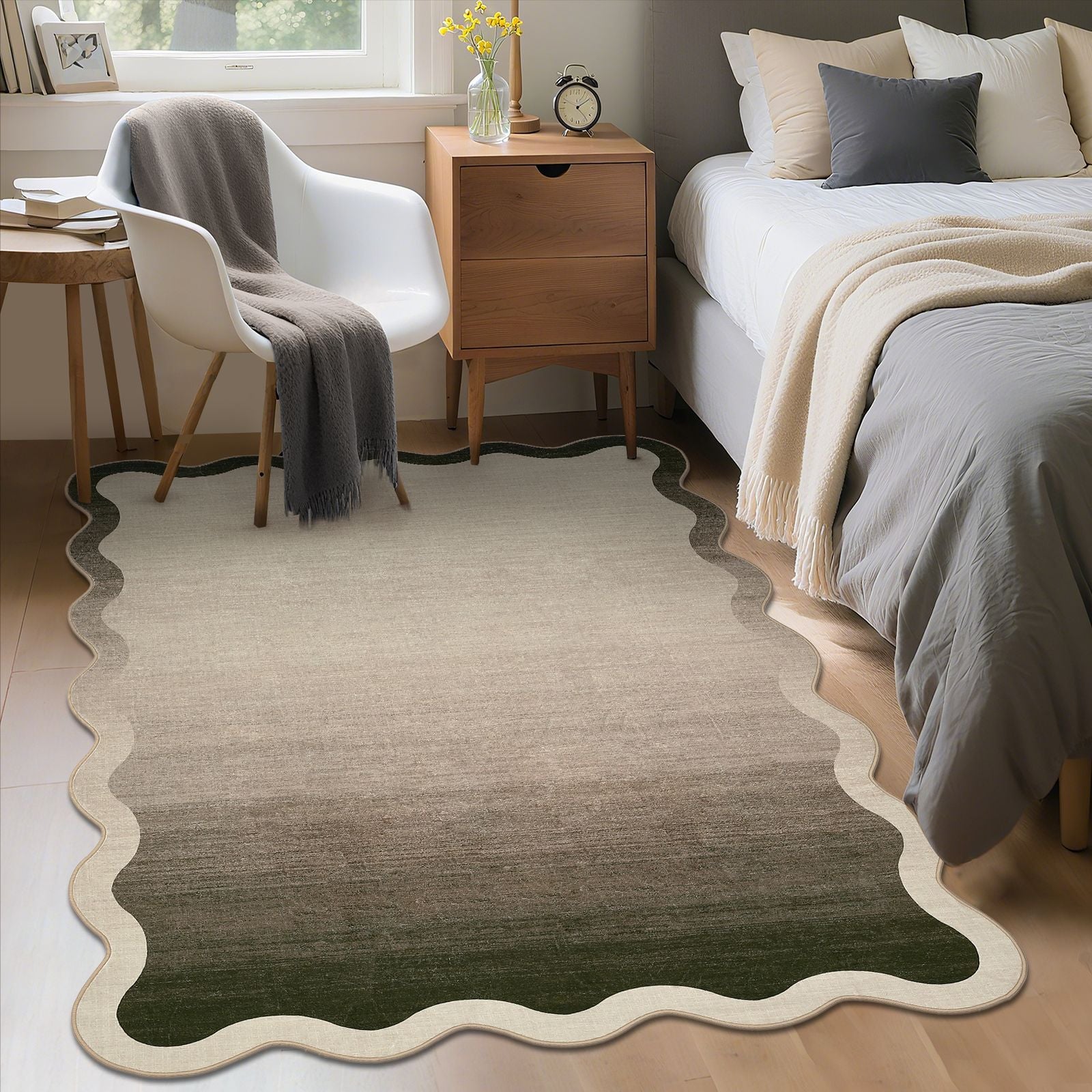 Modern Scalloped Ombre Rug | Soft Low Pile Neutral Indoor Polyester Rug, Non Slip Gradient Carpet for Living Room, Bedroom, Playroom, Dining Room