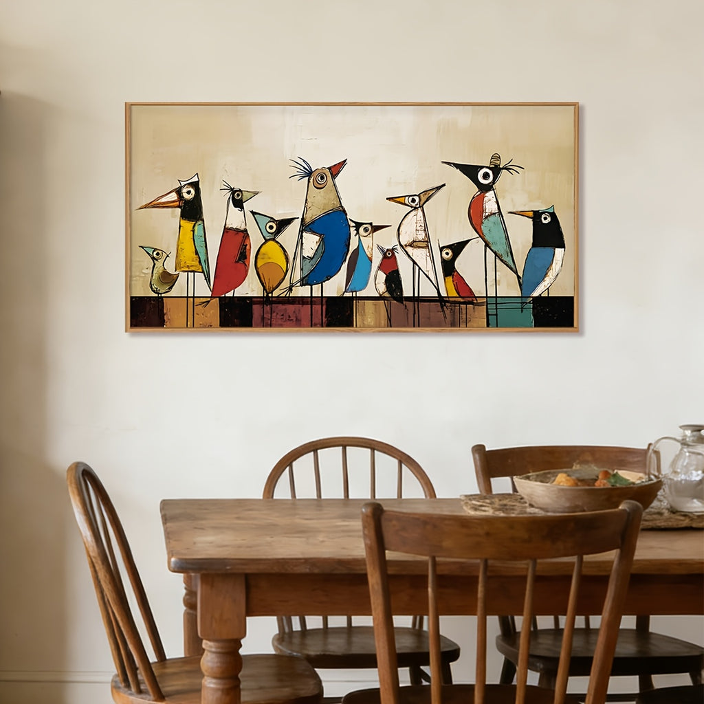 2D Flat, 2D Flat, Canvas Wall Art Featuring Large Abstract Birds, Framed Decor with Artistic Birds on a Wire, Mid-Century Modern Style. A Vibrant Painting of Birds Perfect for Home Decoration in Bedrooms, Living Rooms, Offices