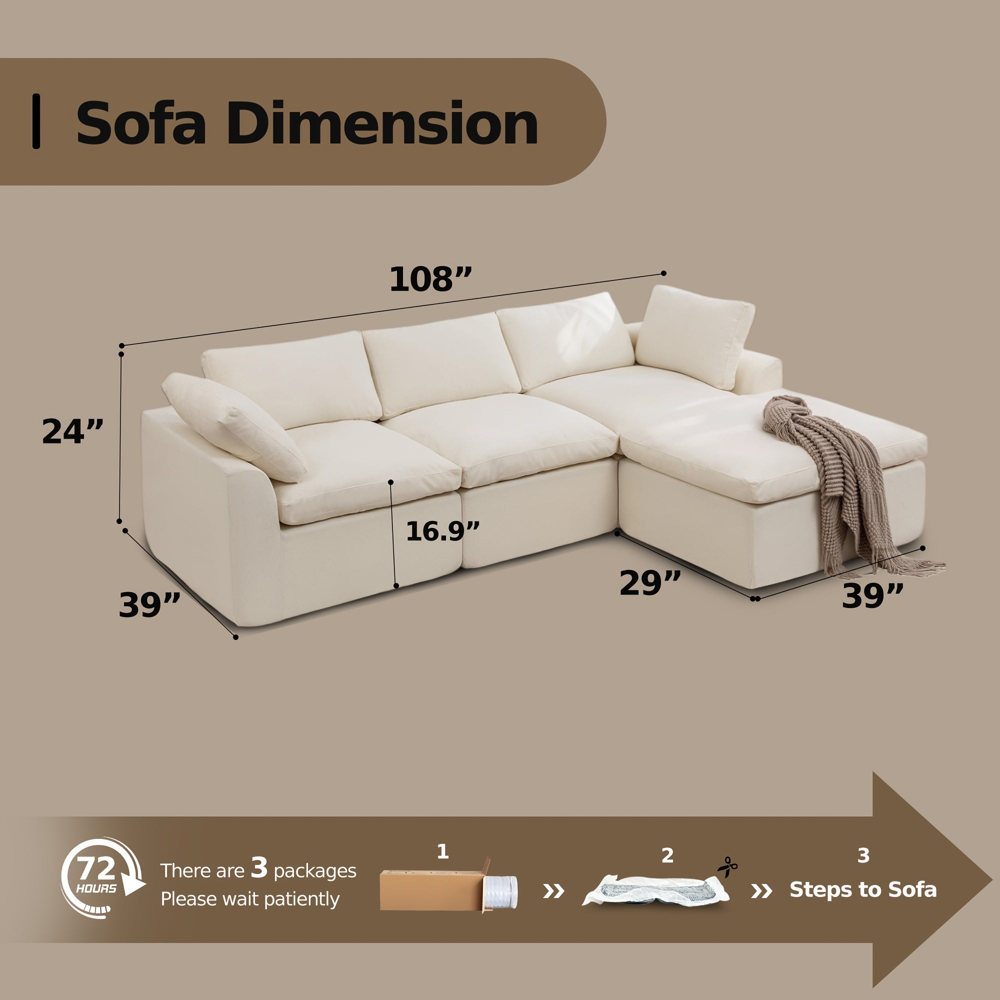 Boneless Couches For Living Room, Modular L Shaped Cloud Sofa With Deep Seat, Convertible L-Shape Couch With Ottoman, Memory Foam Compressed Sofa For Bedroom Apartment