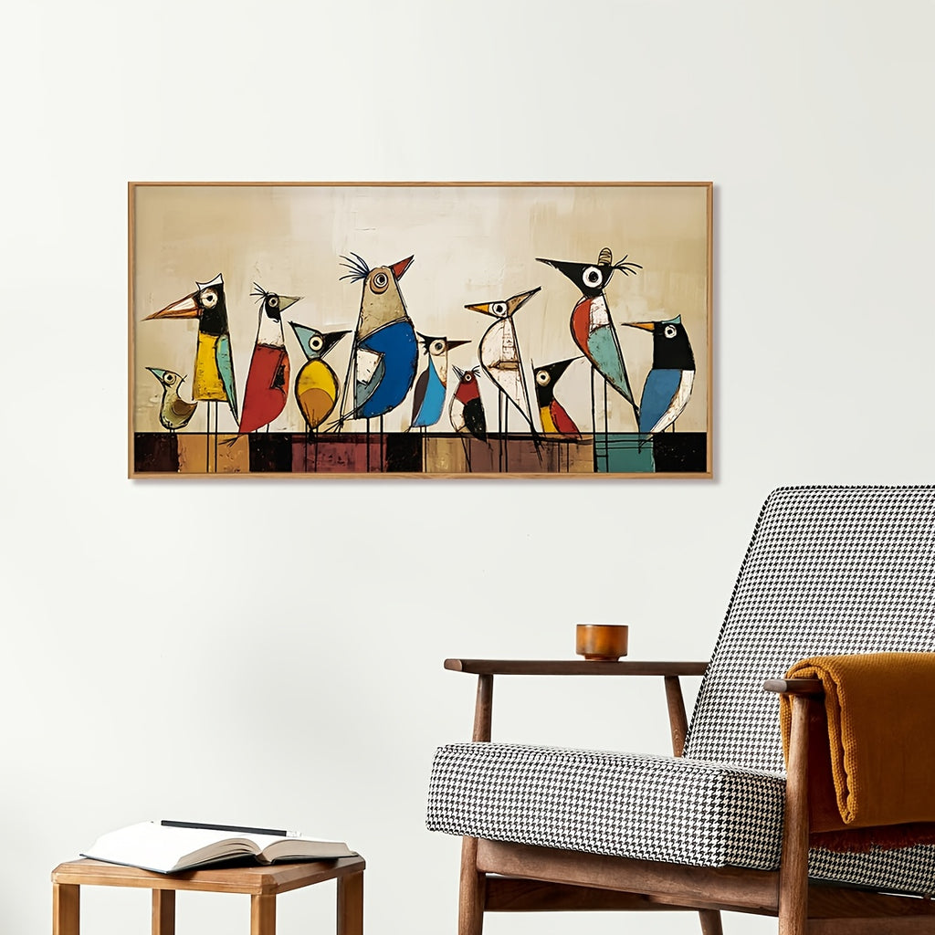 2D Flat, 2D Flat, Canvas Wall Art Featuring Large Abstract Birds, Framed Decor with Artistic Birds on a Wire, Mid-Century Modern Style. A Vibrant Painting of Birds Perfect for Home Decoration in Bedrooms, Living Rooms, Offices