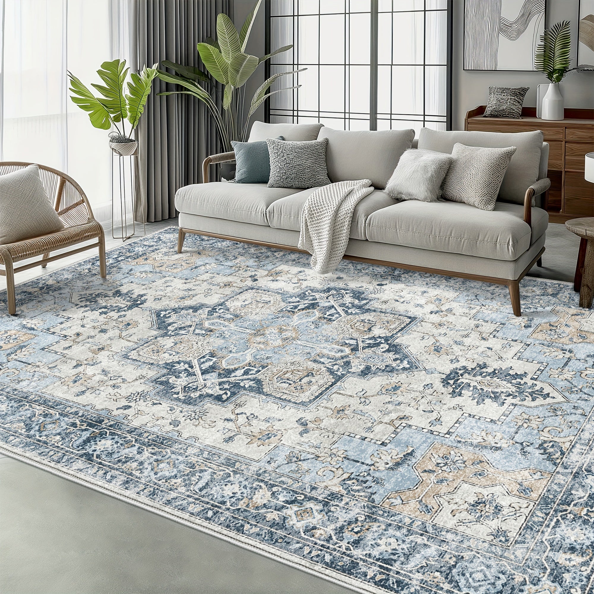 Living Room Area Carpets, Washable in Machines, Vintage-Style Non-Slip Rugs, Lightweight Low-Pile Chenille Printed Rugs Suitable for Bedrooms, Dining Areas, Home Offices, And Bathrooms, in Blue