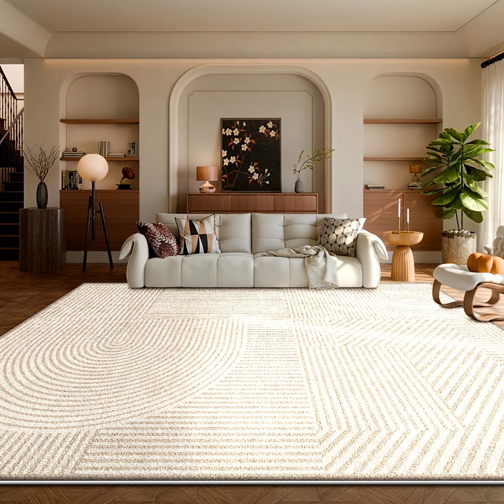 Large Heavy-Duty Beige & White Floral Carpet Suitable for Bedroom Office - Soft Low-Pile Machine Washable with Backing, Jumbo Floor Mat Suitable for Large Spaces, Modern Neutral Indoor Decor, Various Sizes Available