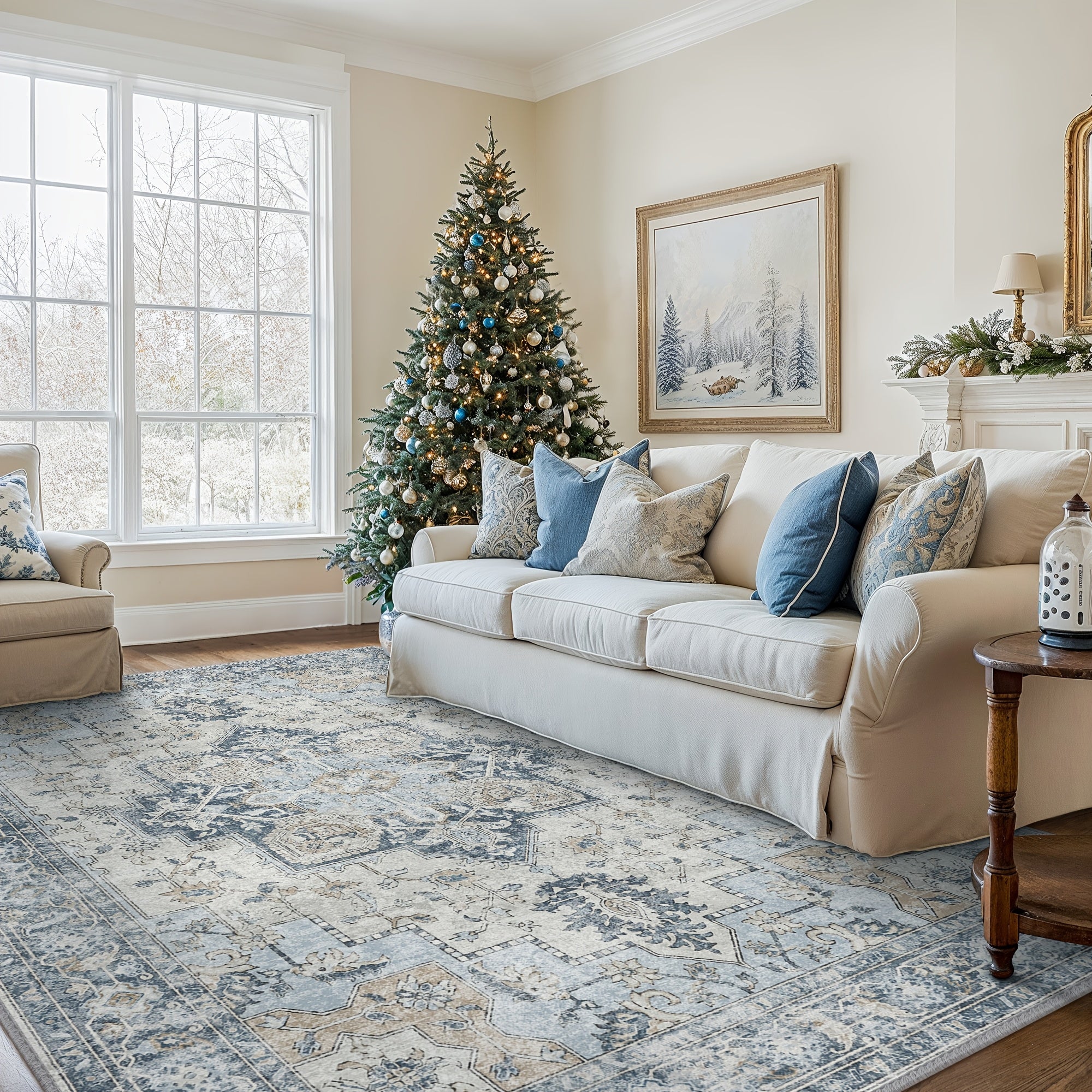 Living Room Area Carpets, Washable in Machines, Vintage-Style Non-Slip Rugs, Lightweight Low-Pile Chenille Printed Rugs Suitable for Bedrooms, Dining Areas, Home Offices, And Bathrooms, in Blue