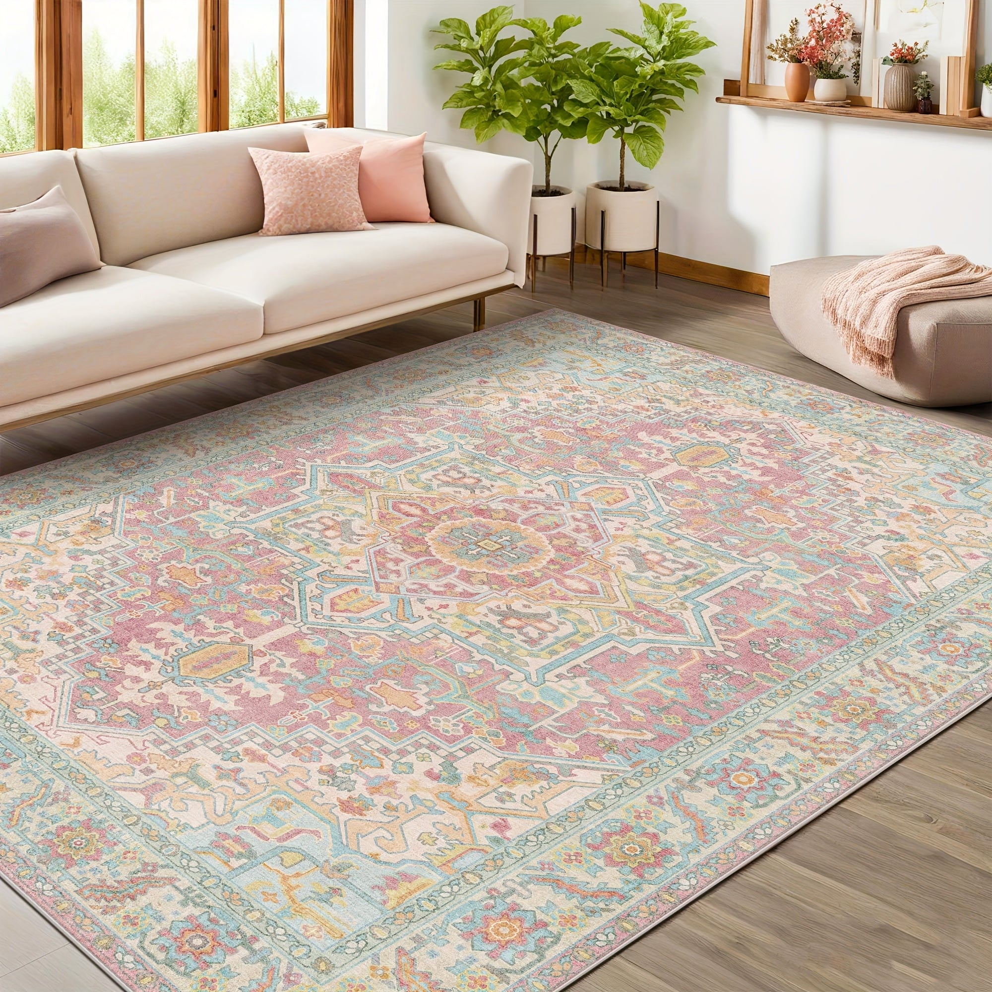 1pc Machine Washable Non-Slip Oriental Retro Rug - Low Pile Lightweight Printed Light-Colored Area Rugs for Living Room, Bedroom, Dining Room, Home Office Room Decor - Pink Blush