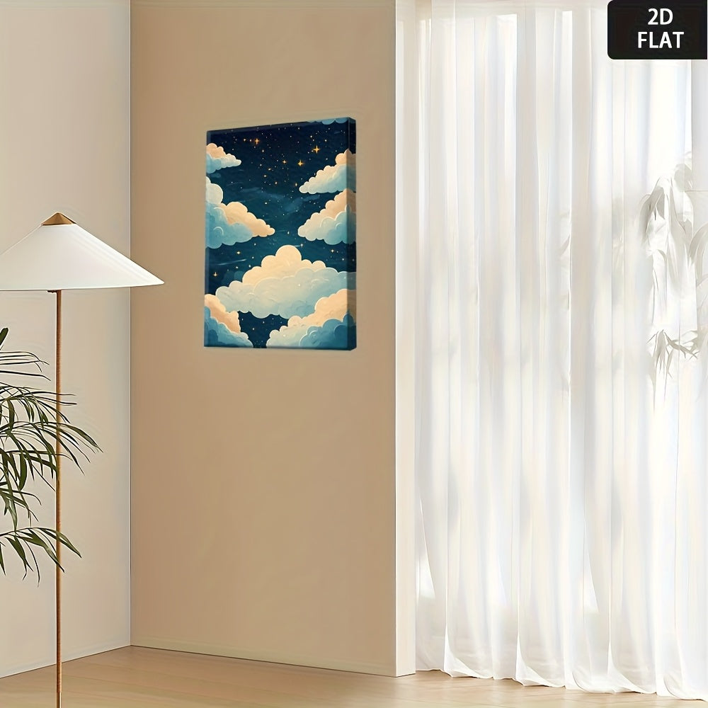 2D Flat, Night Sky Stars & Clouds - Minimalist Modern Wrapped Frame, HD Fade-Resistant Suitable for, Bedroom, Office Decor - Calming Night Cloud Illustration in Retro Styles, 2D Flat