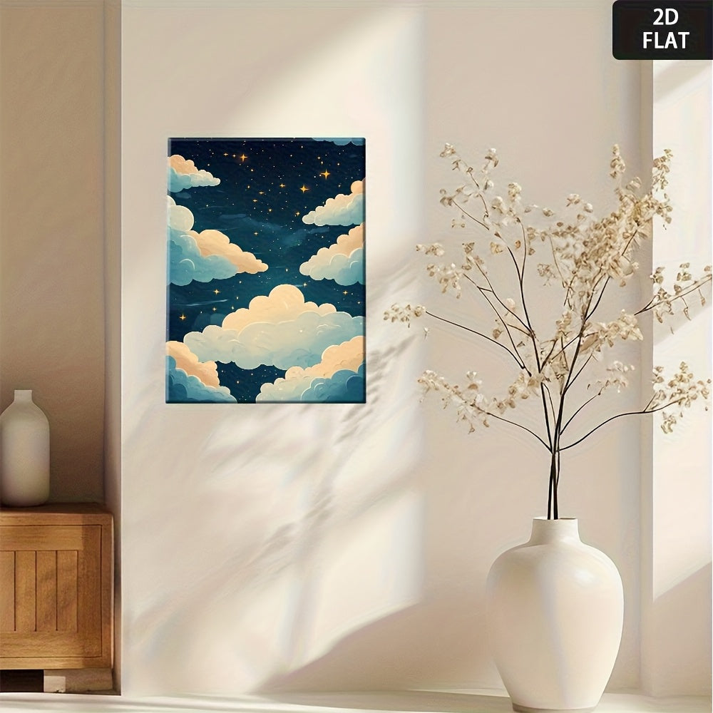 2D Flat, Night Sky Stars & Clouds - Minimalist Modern Wrapped Frame, HD Fade-Resistant Suitable for, Bedroom, Office Decor - Calming Night Cloud Illustration in Retro Styles, 2D Flat
