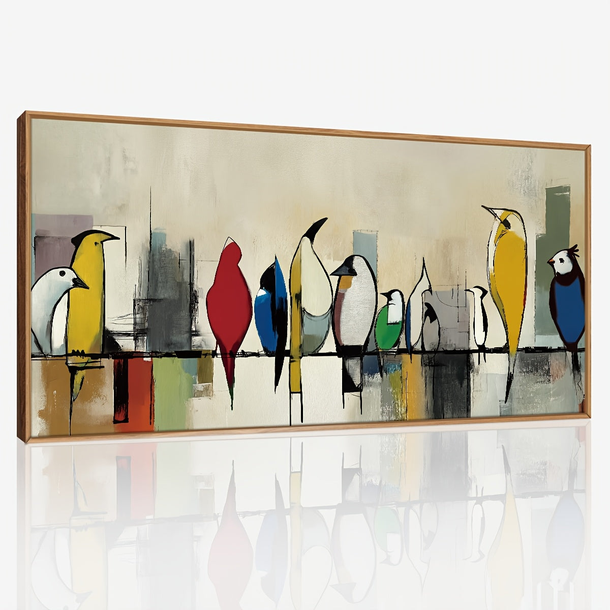 2D Flat, Boho Birds on Wire Wall Art Framed Vertical Panel - Abstract Colorful Bohemian Bird Canvas Decor Suitable for Modern Minimalist Living Room, Bedroom, Dining Room, Office - Wood Frame Hanging Panel for Vertical Decoration, Ideal Gift