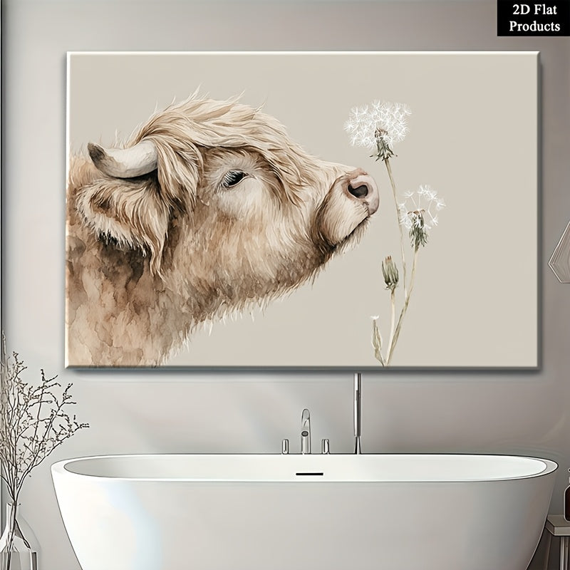2D Flat, 1pc Wooden Framed Canvas Painting Wall Art Poster, A Close up Shot of a Highland Cow Lowering Its Head to Gently to 1, Classic Modern Style, Elegant Decorative Artwork with Pine Wood Frame, Home Office and Dining Room, Ideal Gift