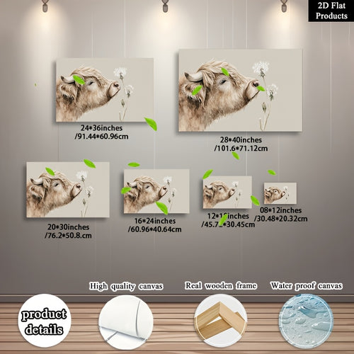2D Flat, 1pc Wooden Framed Canvas Painting Wall Art Poster, A Close up Shot of a Highland Cow Lowering Its Head to Gently to 1, Classic Modern Style, Elegant Decorative Artwork with Pine Wood Frame, Home Office and Dining Room, Ideal Gift