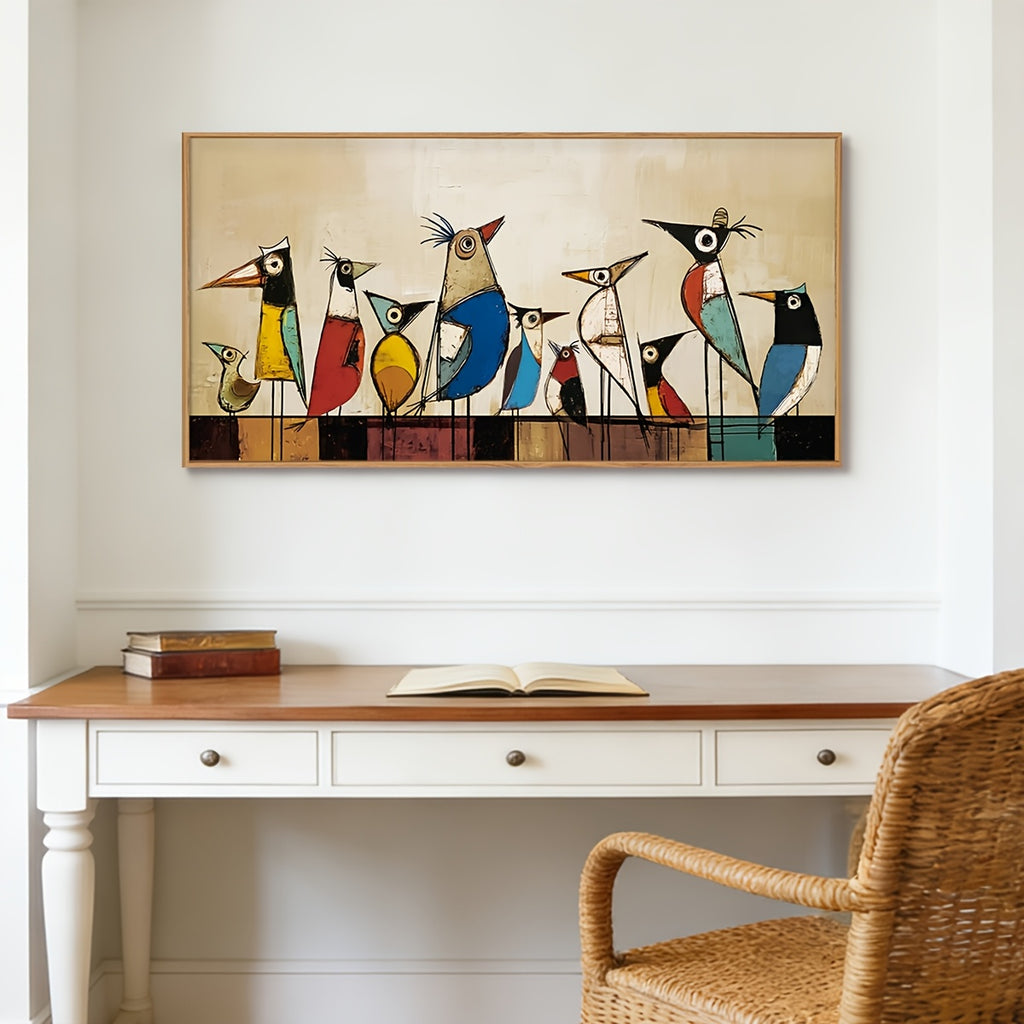 2D Flat, 2D Flat, Canvas Wall Art Featuring Large Abstract Birds, Framed Decor with Artistic Birds on a Wire, Mid-Century Modern Style. A Vibrant Painting of Birds Perfect for Home Decoration in Bedrooms, Living Rooms, Offices