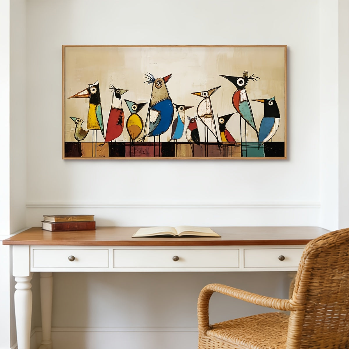 2D Flat, 2D Flat, Canvas Wall Art Featuring Large Abstract Birds, Framed Decor with Artistic Birds on a Wire, Mid-Century Modern Style. A Vibrant Painting of Birds Perfect for Home Decoration in Bedrooms, Living Rooms, Offices