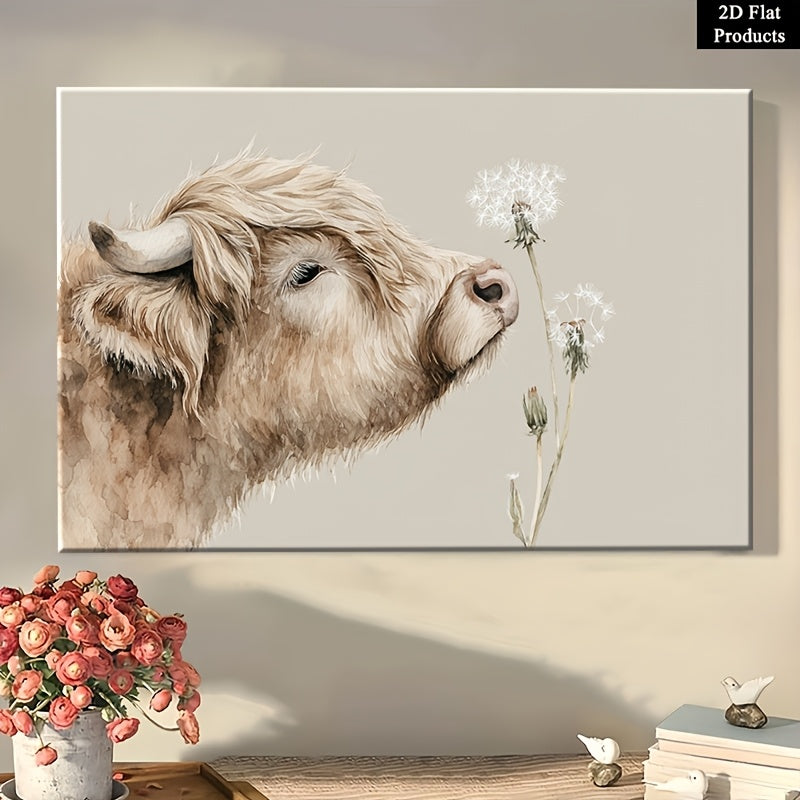 2D Flat, 1pc Wooden Framed Canvas Painting Wall Art Poster, A Close up Shot of a Highland Cow Lowering Its Head to Gently to 1, Classic Modern Style, Elegant Decorative Artwork with Pine Wood Frame, Home Office and Dining Room, Ideal Gift
