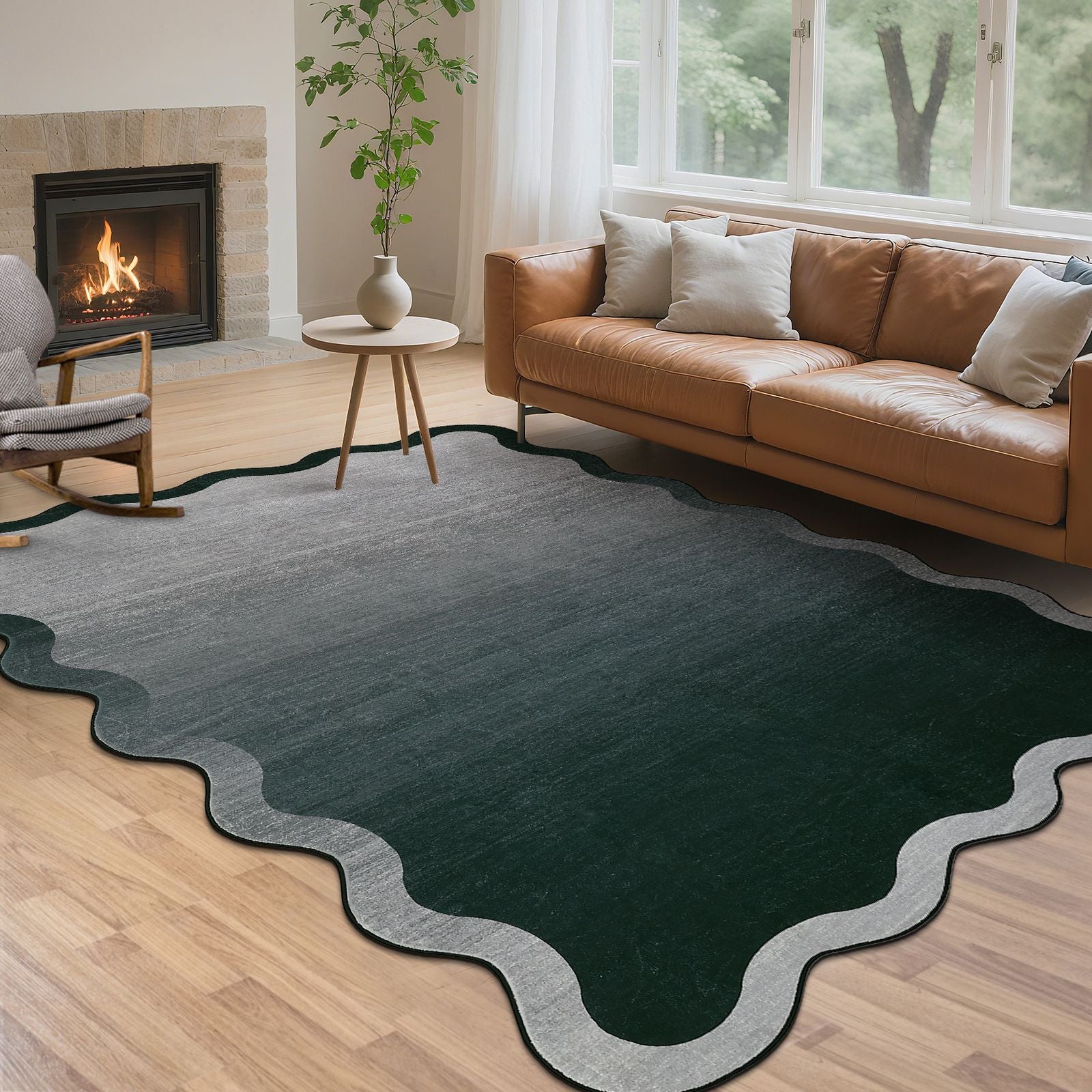 Modern Scalloped Ombre Rug | Soft Low Pile Neutral Indoor Polyester Rug, Non Slip Gradient Carpet for Living Room, Bedroom, Playroom, Dining Room