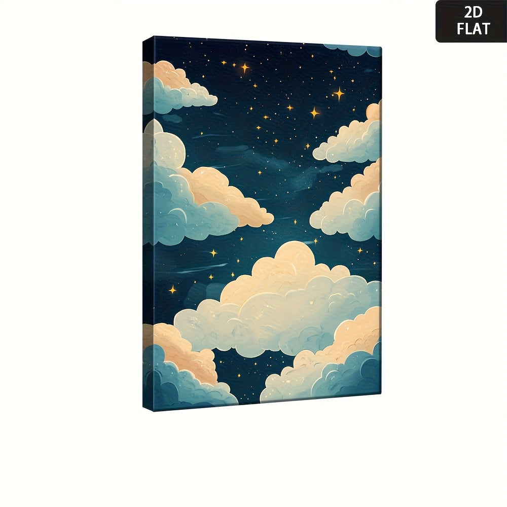 2D Flat, Night Sky Stars & Clouds - Minimalist Modern Wrapped Frame, HD Fade-Resistant Suitable for, Bedroom, Office Decor - Calming Night Cloud Illustration in Retro Styles, 2D Flat