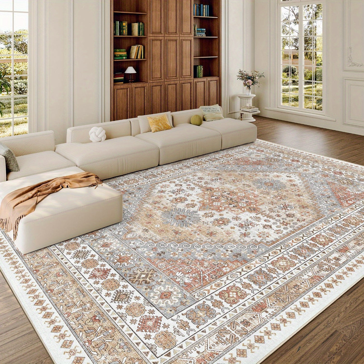 Area Rugs, Washable Rug, Ultra-Thin Rugs For Living Room, Collapsible Non-Slip Vintage Rugs, Bedroom, Non-Slip Backing Home Decor Large Area Rug (Orange)