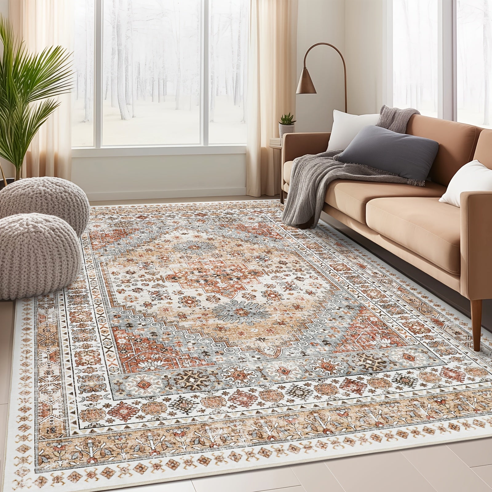 Area Rugs, Washable Rug, Ultra-Thin Rugs For Living Room, Collapsible Non-Slip Vintage Rugs, Bedroom, Non-Slip Backing Home Decor Large Area Rug (Orange)