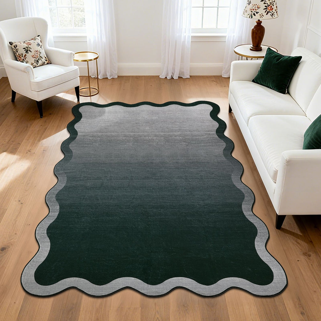 Modern Scalloped Ombre Rug | Soft Low Pile Neutral Indoor Polyester Rug, Non Slip Gradient Carpet for Living Room, Bedroom, Playroom, Dining Room