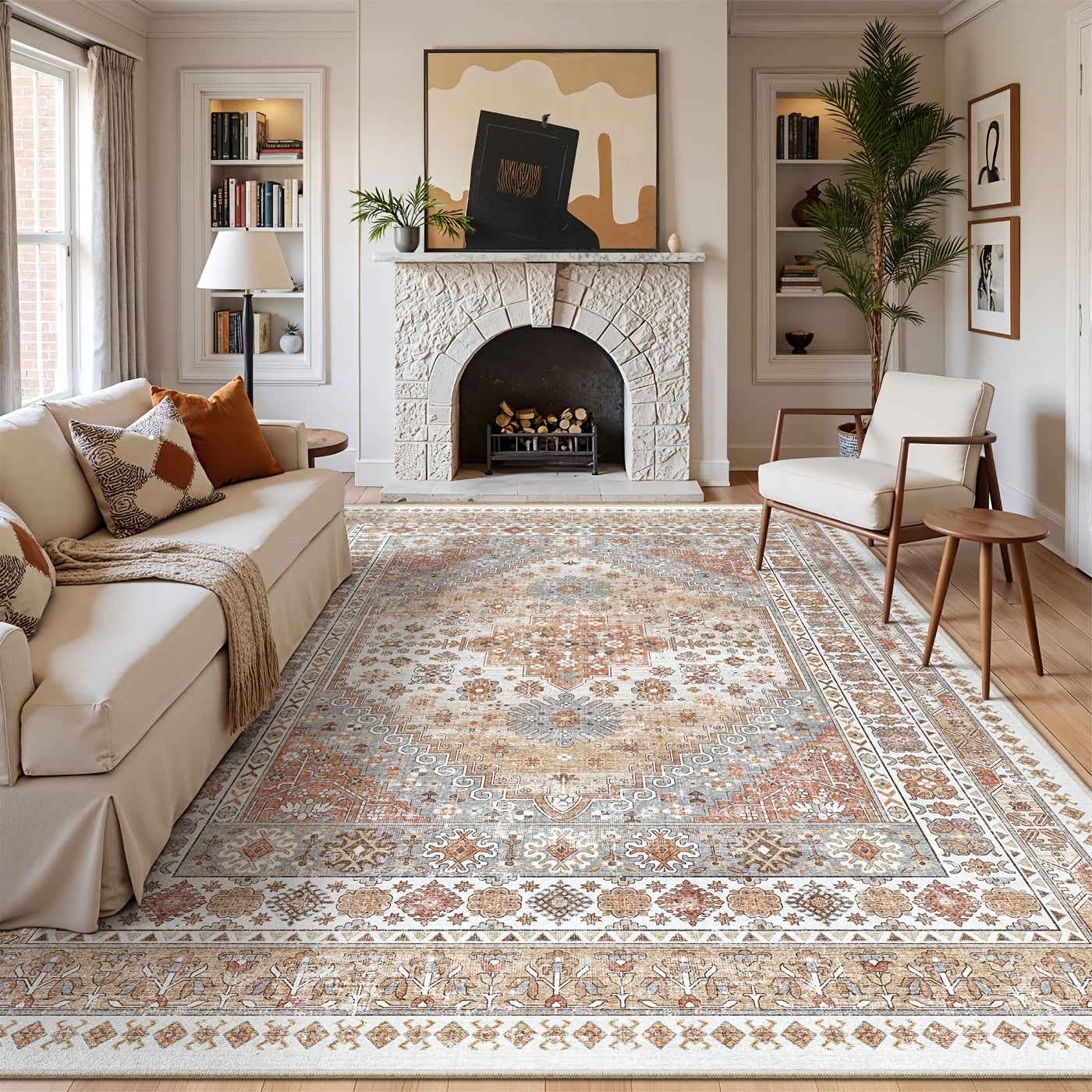 Area Rugs, Washable Rug, Ultra-Thin Rugs For Living Room, Collapsible Non-Slip Vintage Rugs, Bedroom, Non-Slip Backing Home Decor Large Area Rug (Orange)