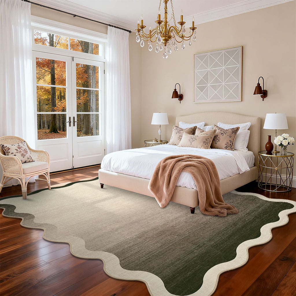 Modern Scalloped Ombre Rug | Soft Low Pile Neutral Indoor Polyester Rug, Non Slip Gradient Carpet for Living Room, Bedroom, Playroom, Dining Room