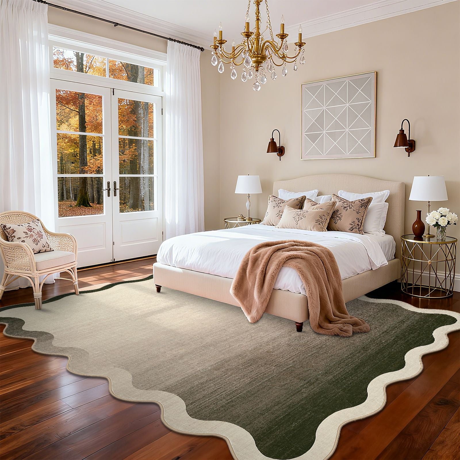 Modern Scalloped Ombre Rug | Soft Low Pile Neutral Indoor Polyester Rug, Non Slip Gradient Carpet for Living Room, Bedroom, Playroom, Dining Room