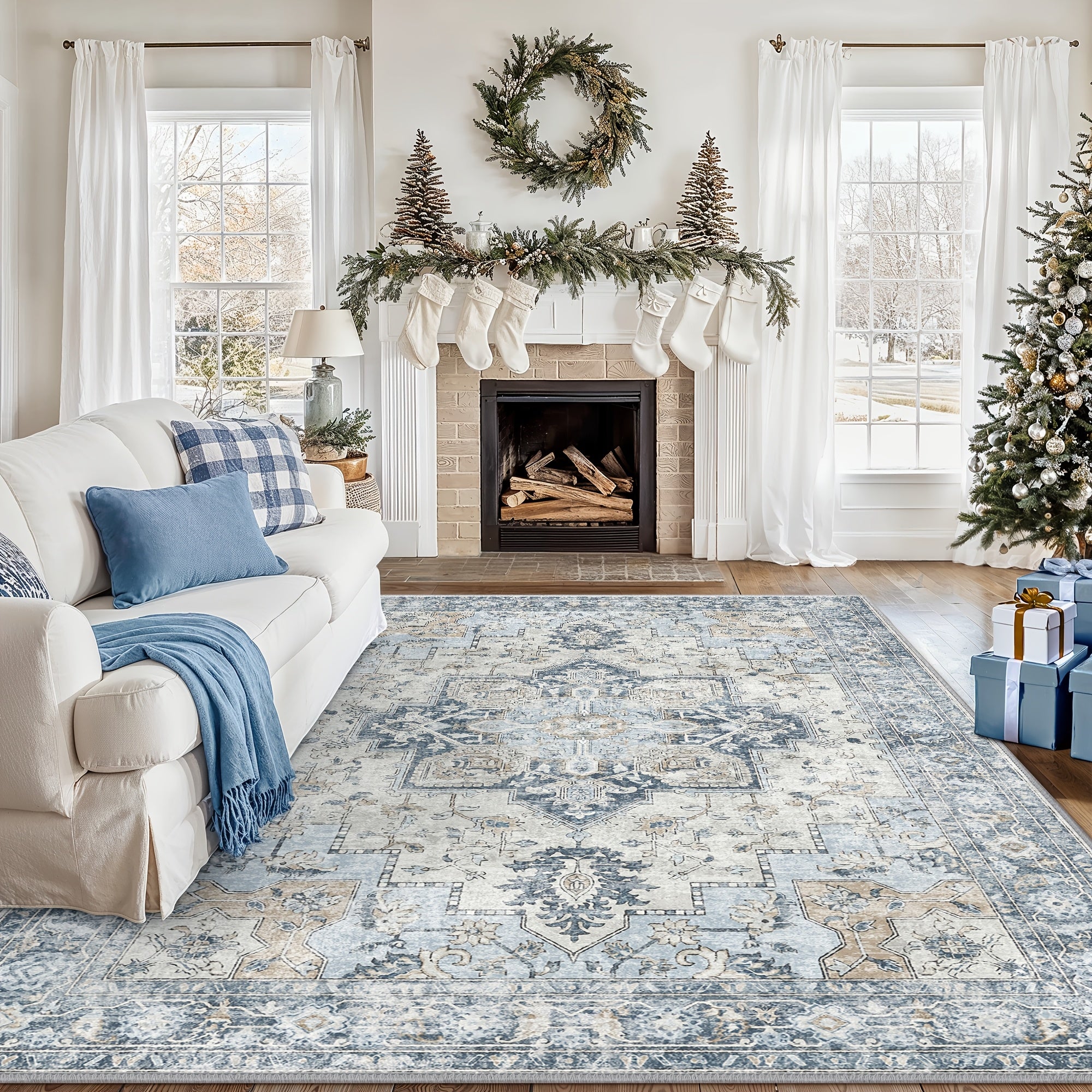 Living Room Area Carpets, Washable in Machines, Vintage-Style Non-Slip Rugs, Lightweight Low-Pile Chenille Printed Rugs Suitable for Bedrooms, Dining Areas, Home Offices, And Bathrooms, in Blue