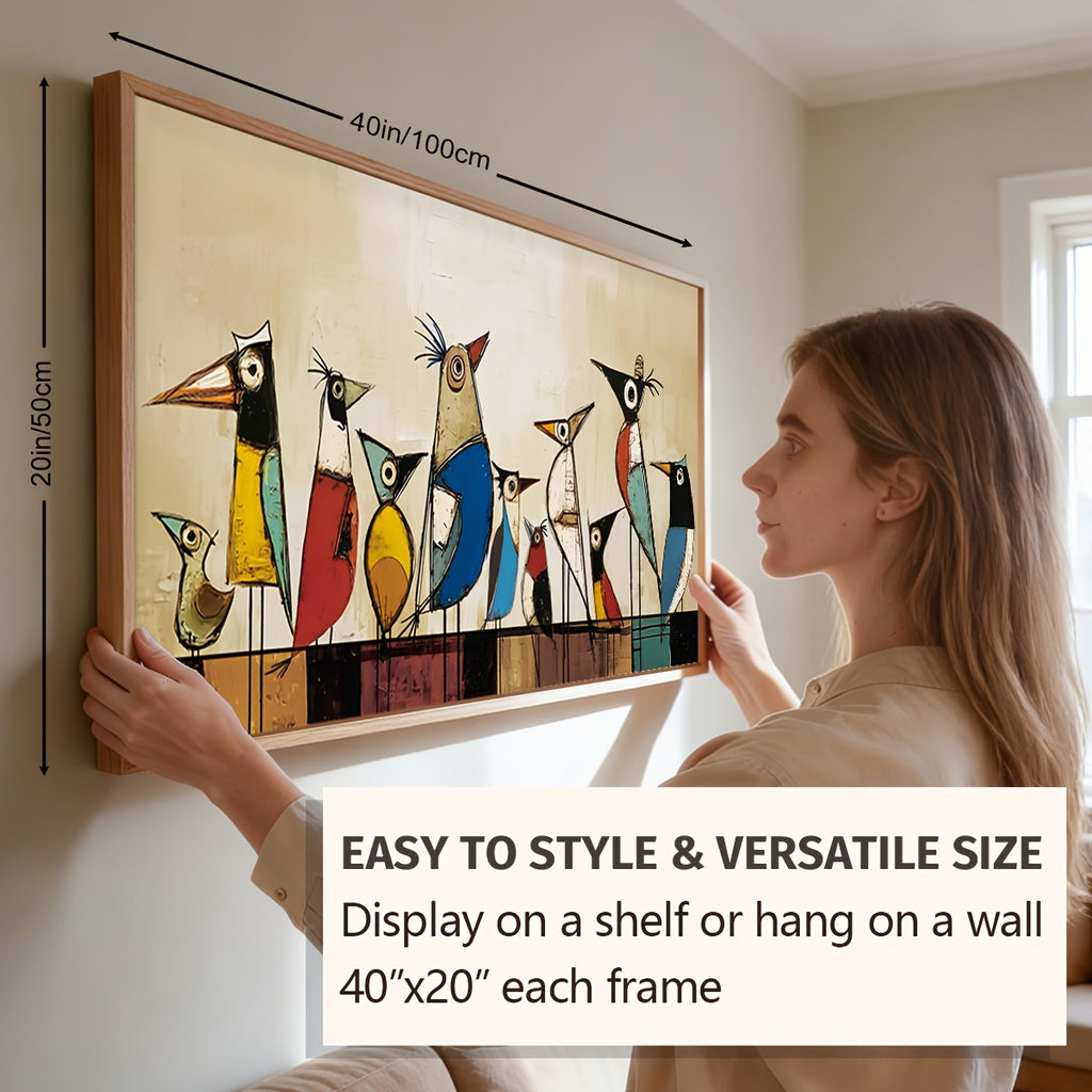 2D Flat, 2D Flat, Canvas Wall Art Featuring Large Abstract Birds, Framed Decor with Artistic Birds on a Wire, Mid-Century Modern Style. A Vibrant Painting of Birds Perfect for Home Decoration in Bedrooms, Living Rooms, Offices