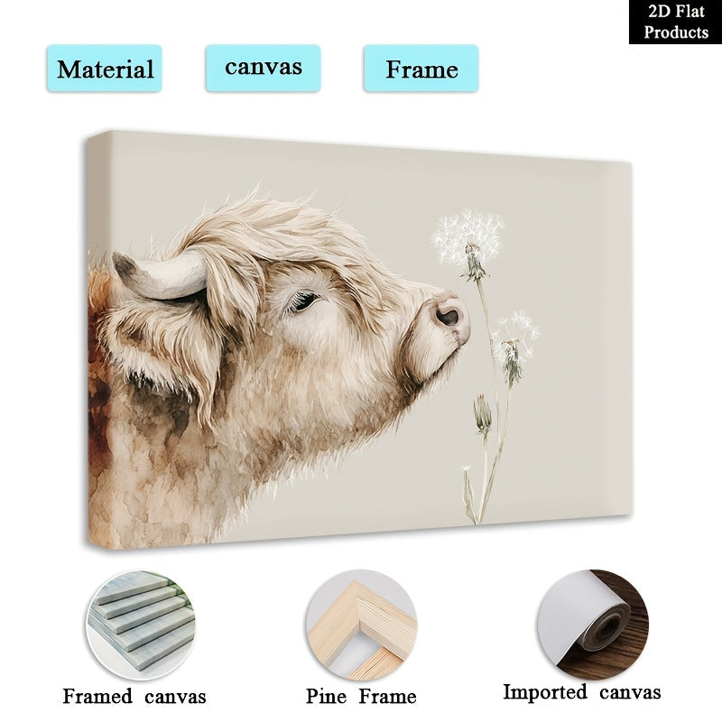 2D Flat, 1pc Wooden Framed Canvas Painting Wall Art Poster, A Close up Shot of a Highland Cow Lowering Its Head to Gently to 1, Classic Modern Style, Elegant Decorative Artwork with Pine Wood Frame, Home Office and Dining Room, Ideal Gift