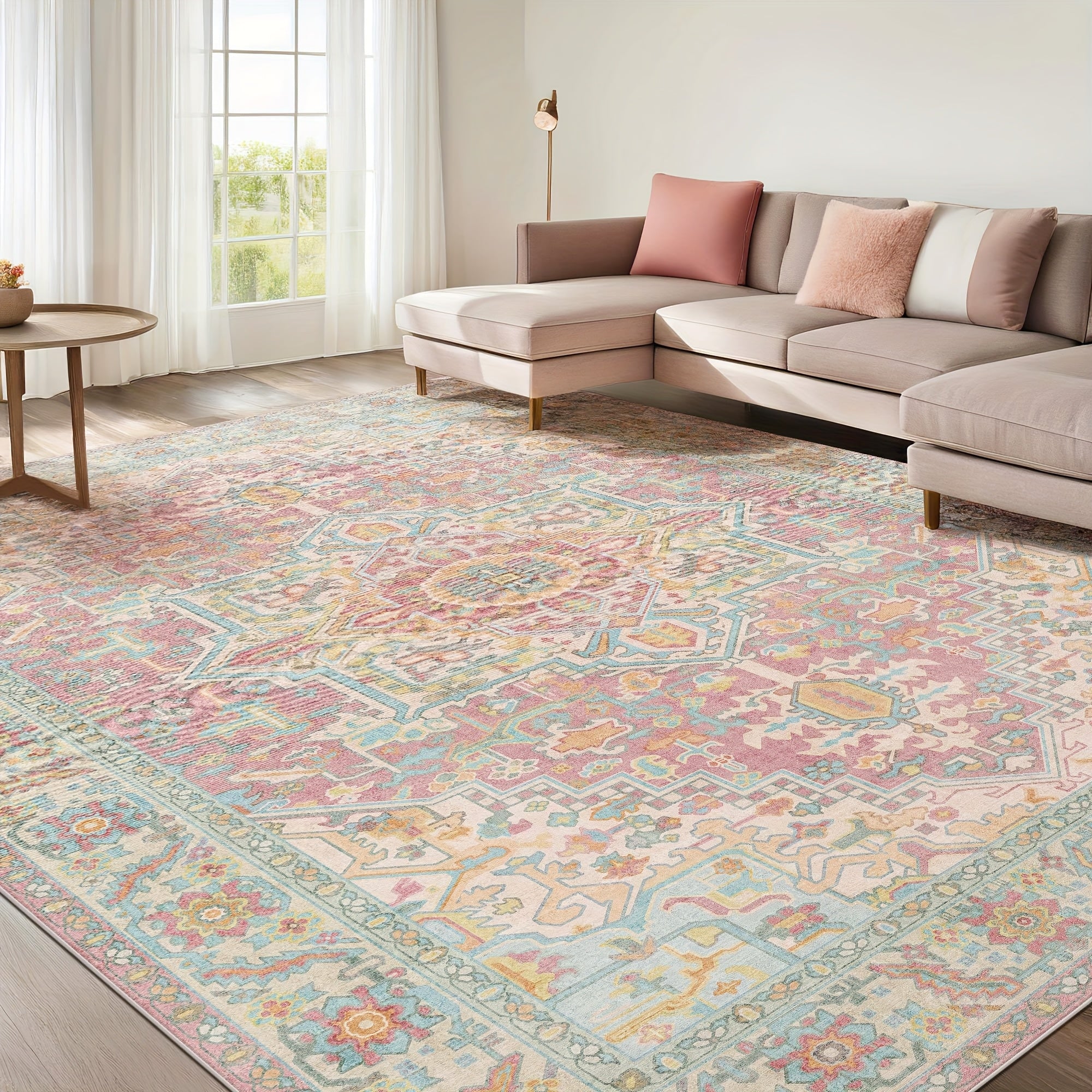 1pc Machine Washable Non-Slip Oriental Retro Rug - Low Pile Lightweight Printed Light-Colored Area Rugs for Living Room, Bedroom, Dining Room, Home Office Room Decor - Pink Blush