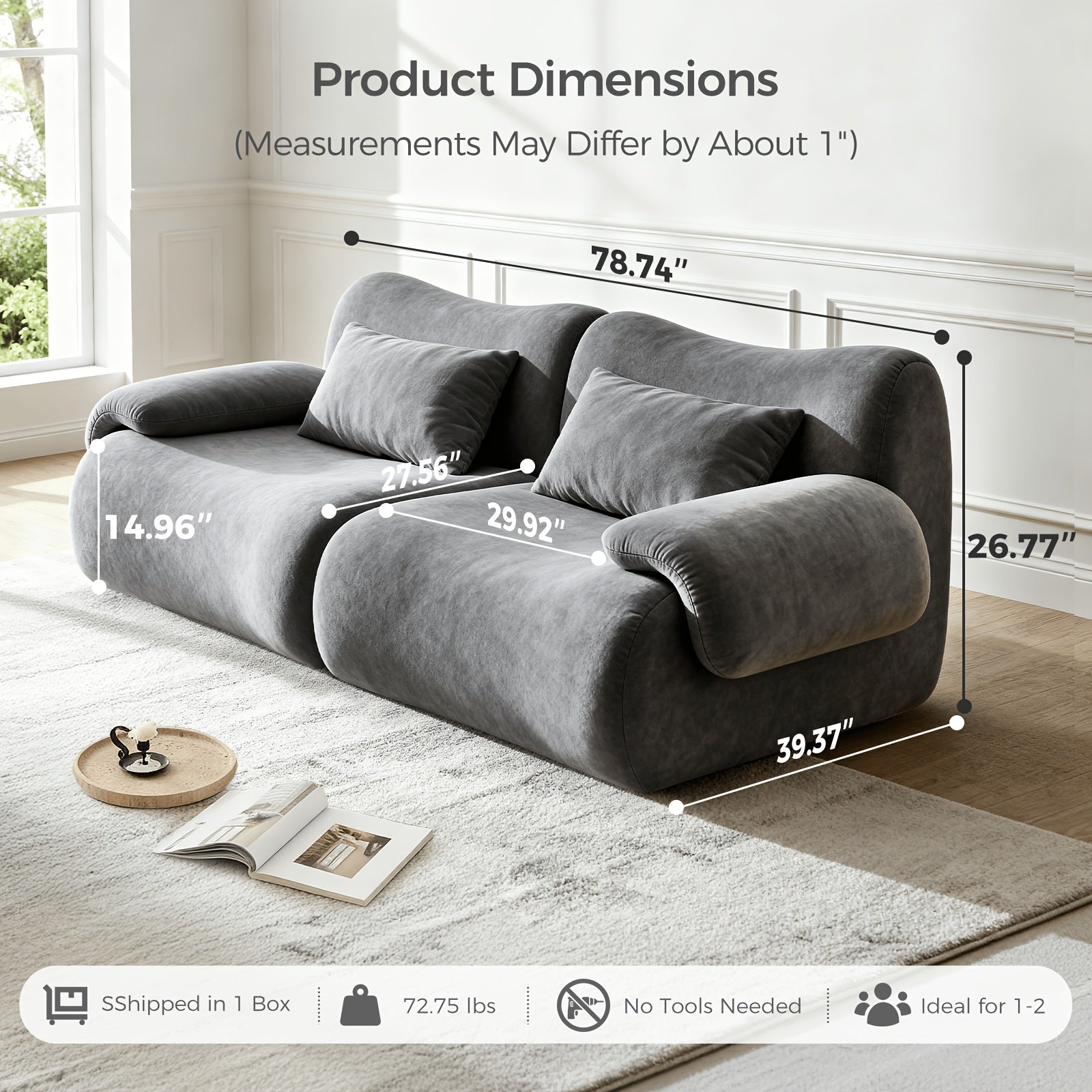 Boneless Cloud Couch, Modular Sectional Sofa with Throw Pillows, Deep Seat Sectional Sofa 2 Seater for Living Room, 35D High-Density Foam, No Spring & No Assembly Required, Chenille