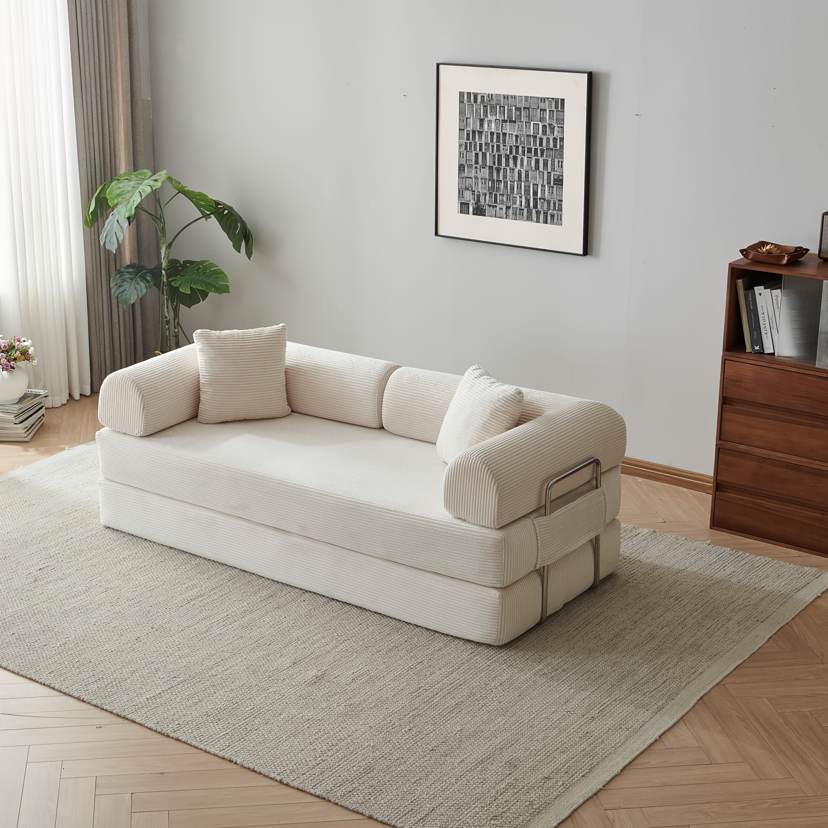 Lazy Corduroy Convertible Floor Sofa Bed | Pillow Back Armrest Futon Lounge