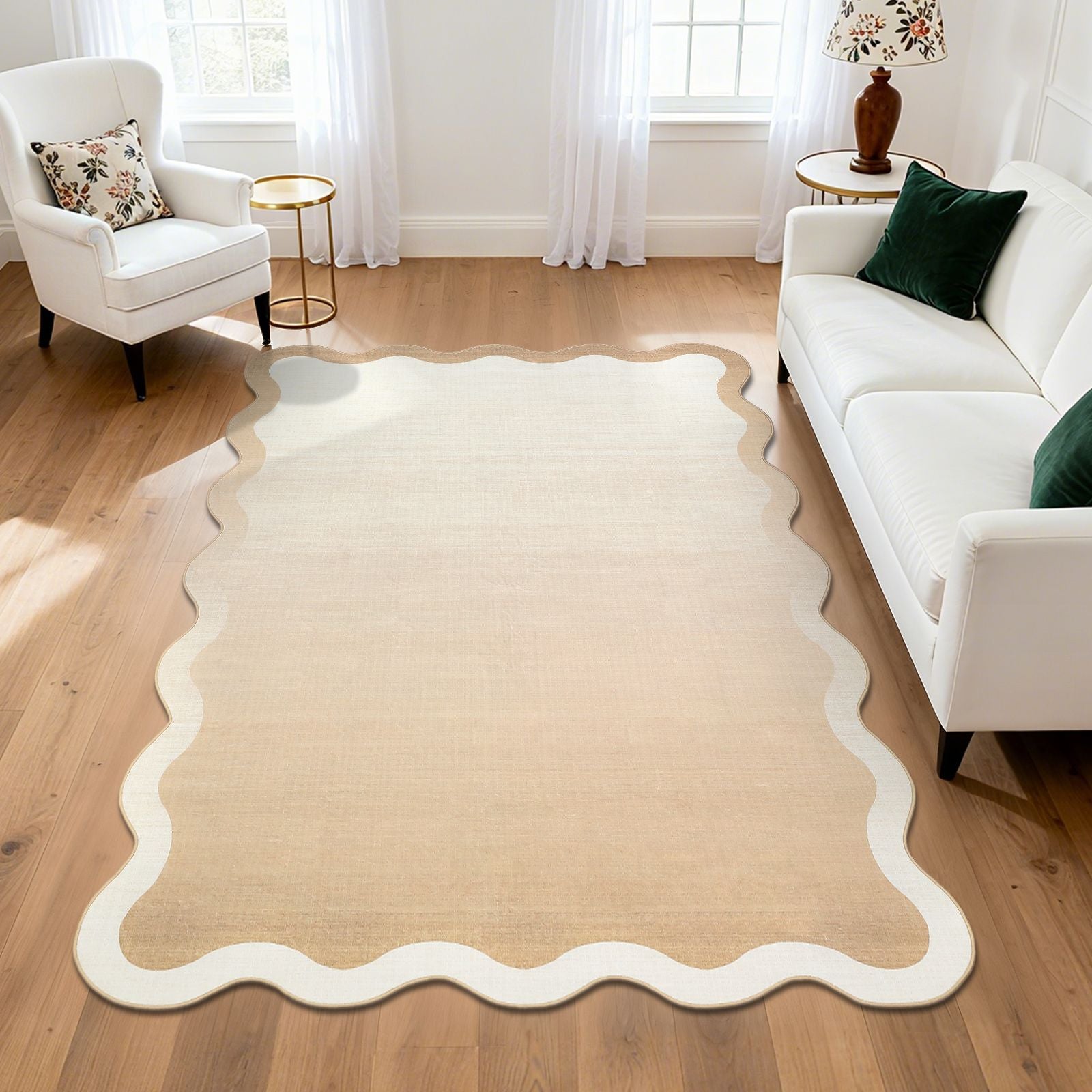 Modern Scalloped Ombre Rug | Soft Low Pile Neutral Indoor Polyester Rug, Non Slip Gradient Carpet for Living Room, Bedroom, Playroom, Dining Room
