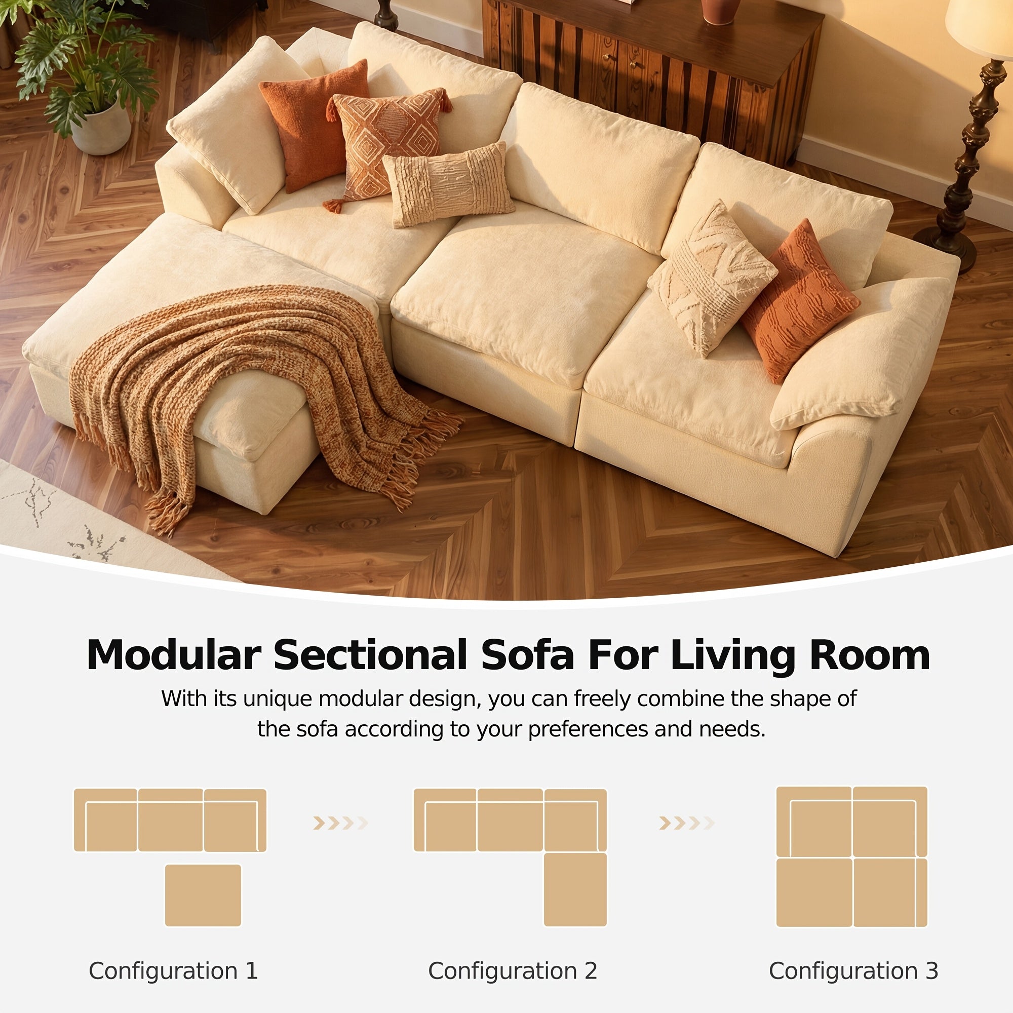 Boneless Couches For Living Room, Modular L Shaped Cloud Sofa With Deep Seat, Convertible L-Shape Couch With Ottoman, Memory Foam Compressed Sofa For Bedroom Apartment