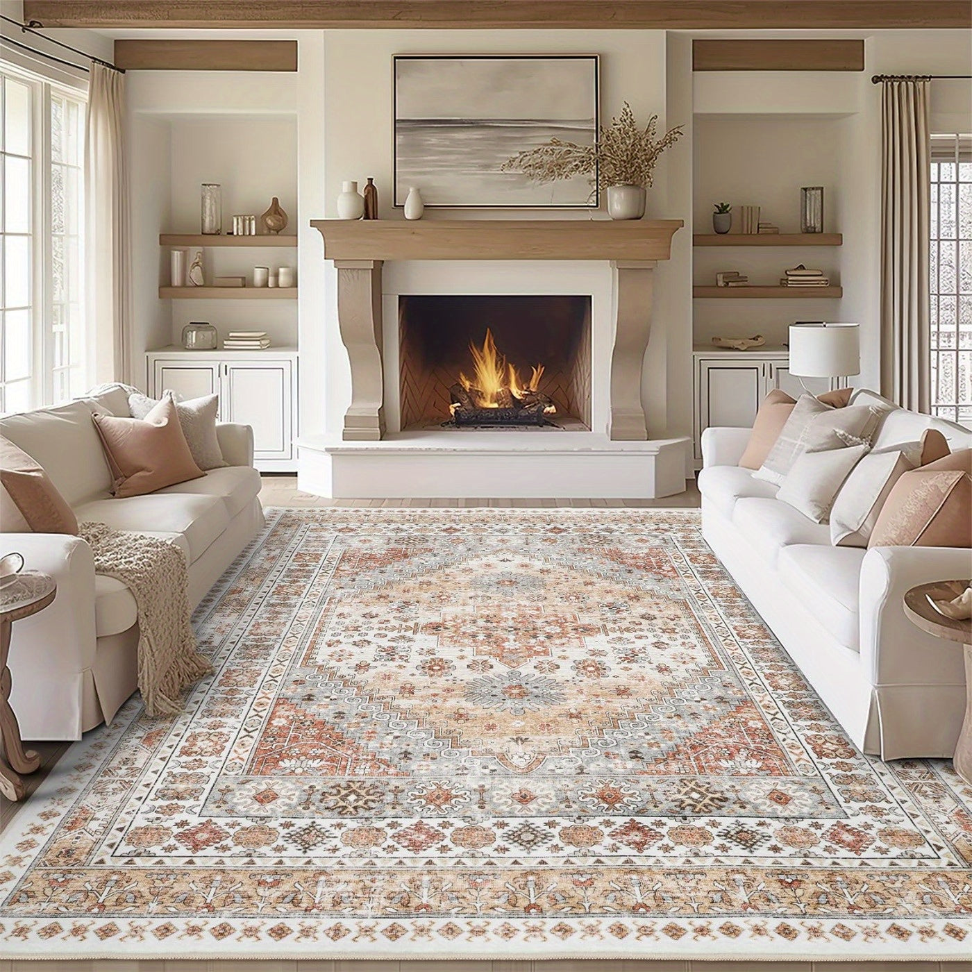 Area Rugs, Washable Rug, Ultra-Thin Rugs For Living Room, Collapsible Non-Slip Vintage Rugs, Bedroom, Non-Slip Backing Home Decor Large Area Rug (Orange)