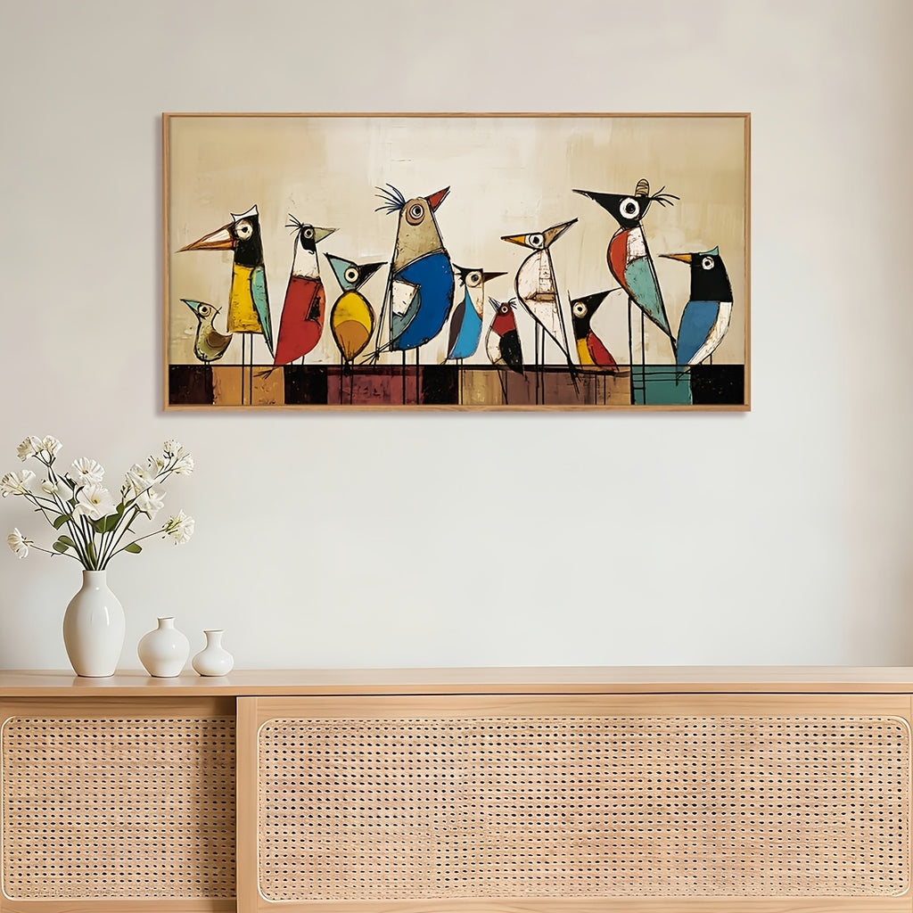 2D Flat, 2D Flat, Canvas Wall Art Featuring Large Abstract Birds, Framed Decor with Artistic Birds on a Wire, Mid-Century Modern Style. A Vibrant Painting of Birds Perfect for Home Decoration in Bedrooms, Living Rooms, Offices
