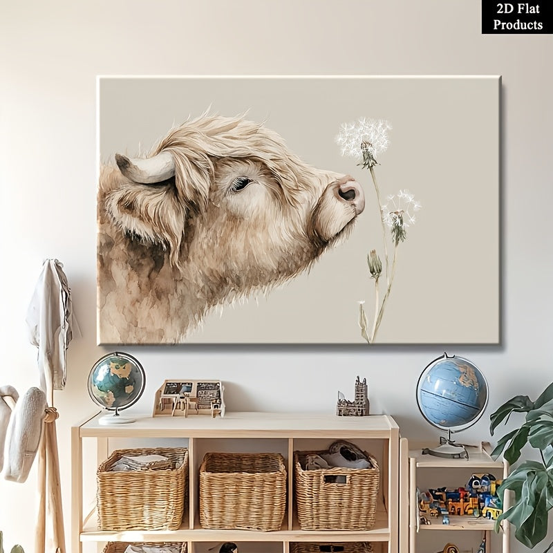 2D Flat, 1pc Wooden Framed Canvas Painting Wall Art Poster, A Close up Shot of a Highland Cow Lowering Its Head to Gently to 1, Classic Modern Style, Elegant Decorative Artwork with Pine Wood Frame, Home Office and Dining Room, Ideal Gift