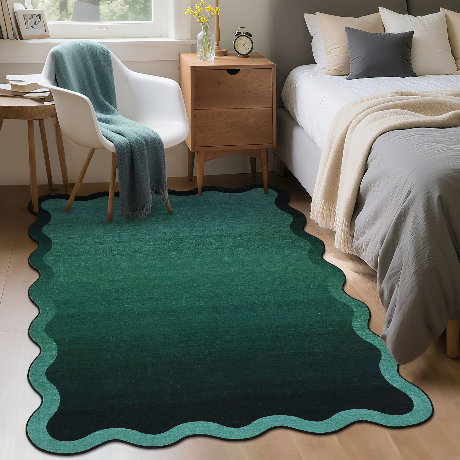 Modern Scalloped Ombre Rug | Soft Low Pile Neutral Indoor Polyester Rug, Non Slip Gradient Carpet for Living Room, Bedroom, Playroom, Dining Room