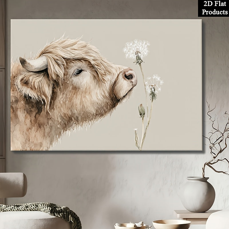 2D Flat, 1pc Wooden Framed Canvas Painting Wall Art Poster, A Close up Shot of a Highland Cow Lowering Its Head to Gently to 1, Classic Modern Style, Elegant Decorative Artwork with Pine Wood Frame, Home Office and Dining Room, Ideal Gift