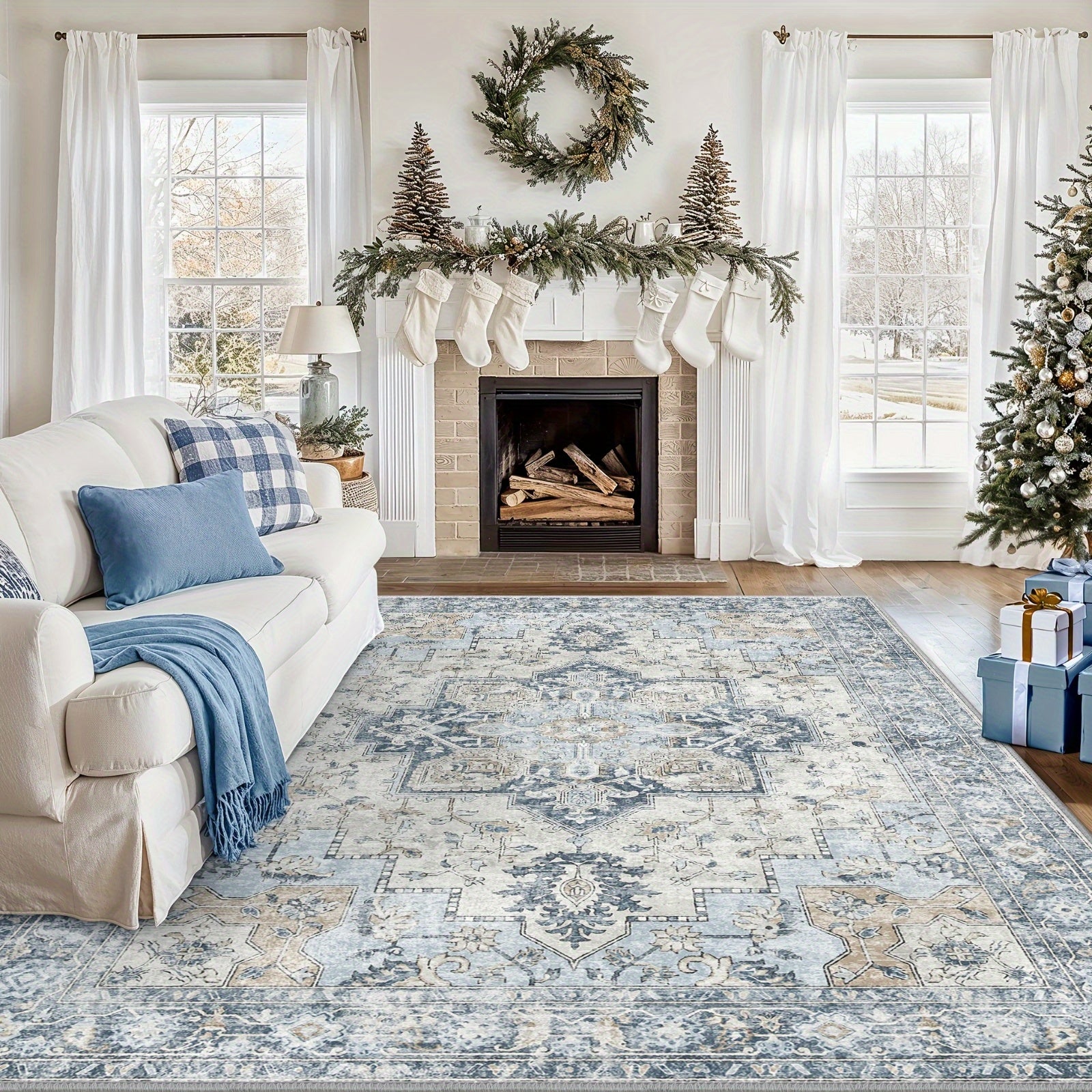Living Room Area Carpets, Washable in Machines, Vintage-Style Non-Slip Rugs, Lightweight Low-Pile Chenille Printed Rugs Suitable for Bedrooms, Dining Areas, Home Offices, And Bathrooms, in Blue